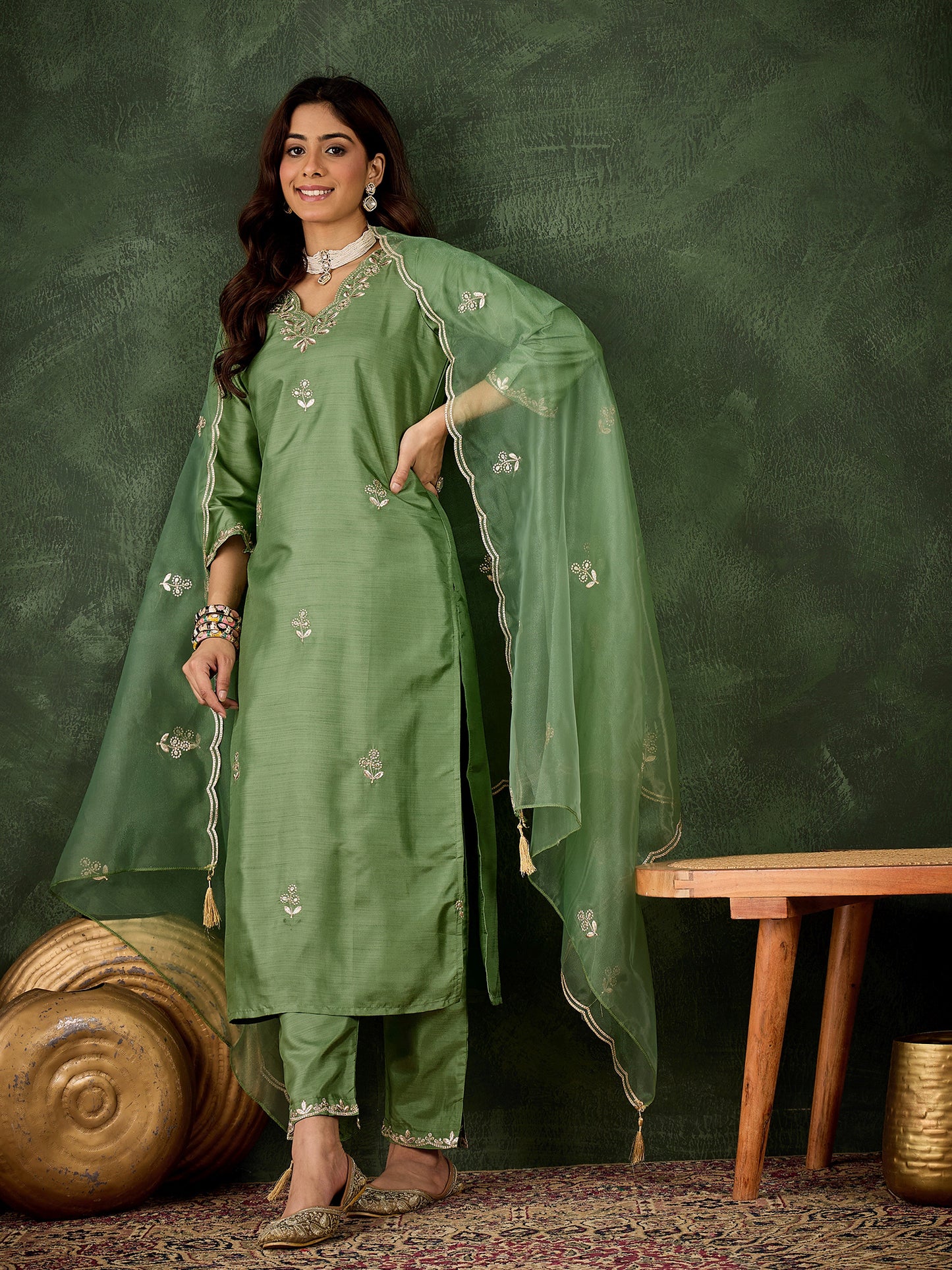 Emerald Elegance Silk Blend Suit | Designer Embroidered Organza Dupatta Ensemble| Unstitched Fabric