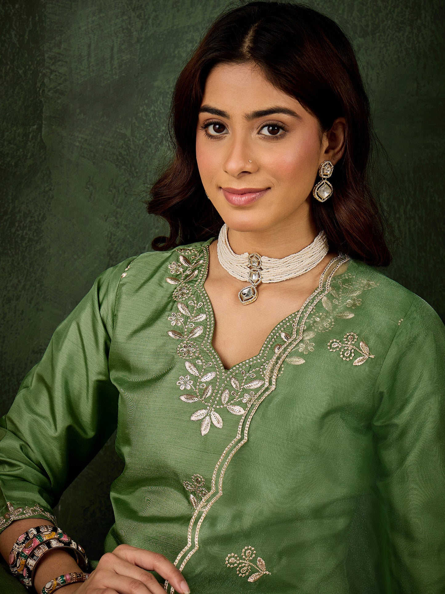 Emerald Elegance Silk Blend Suit | Designer Embroidered Organza Dupatta Ensemble| Unstitched Fabric