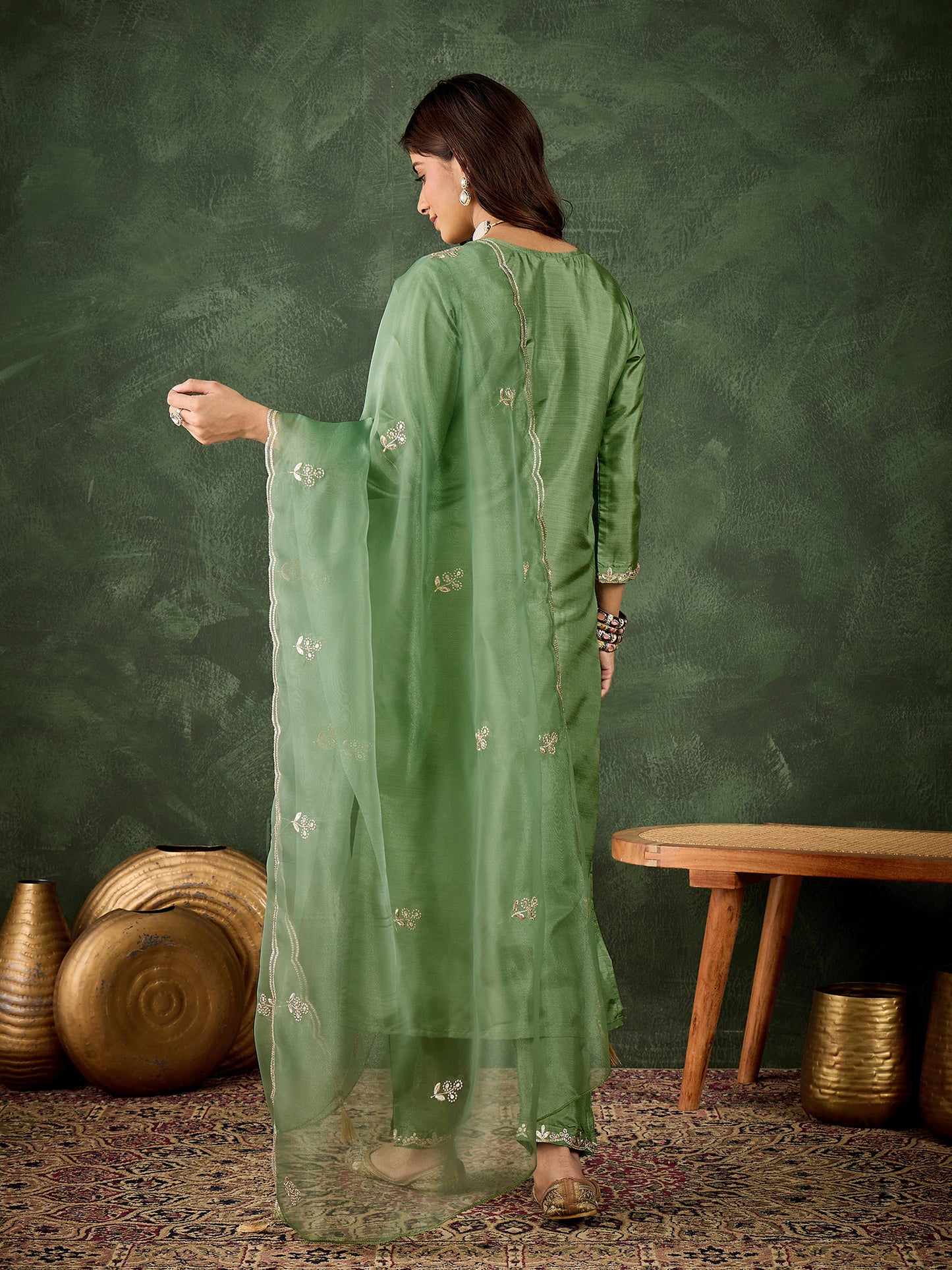 Emerald Elegance Silk Blend Suit | Designer Embroidered Organza Dupatta Ensemble| Unstitched Fabric