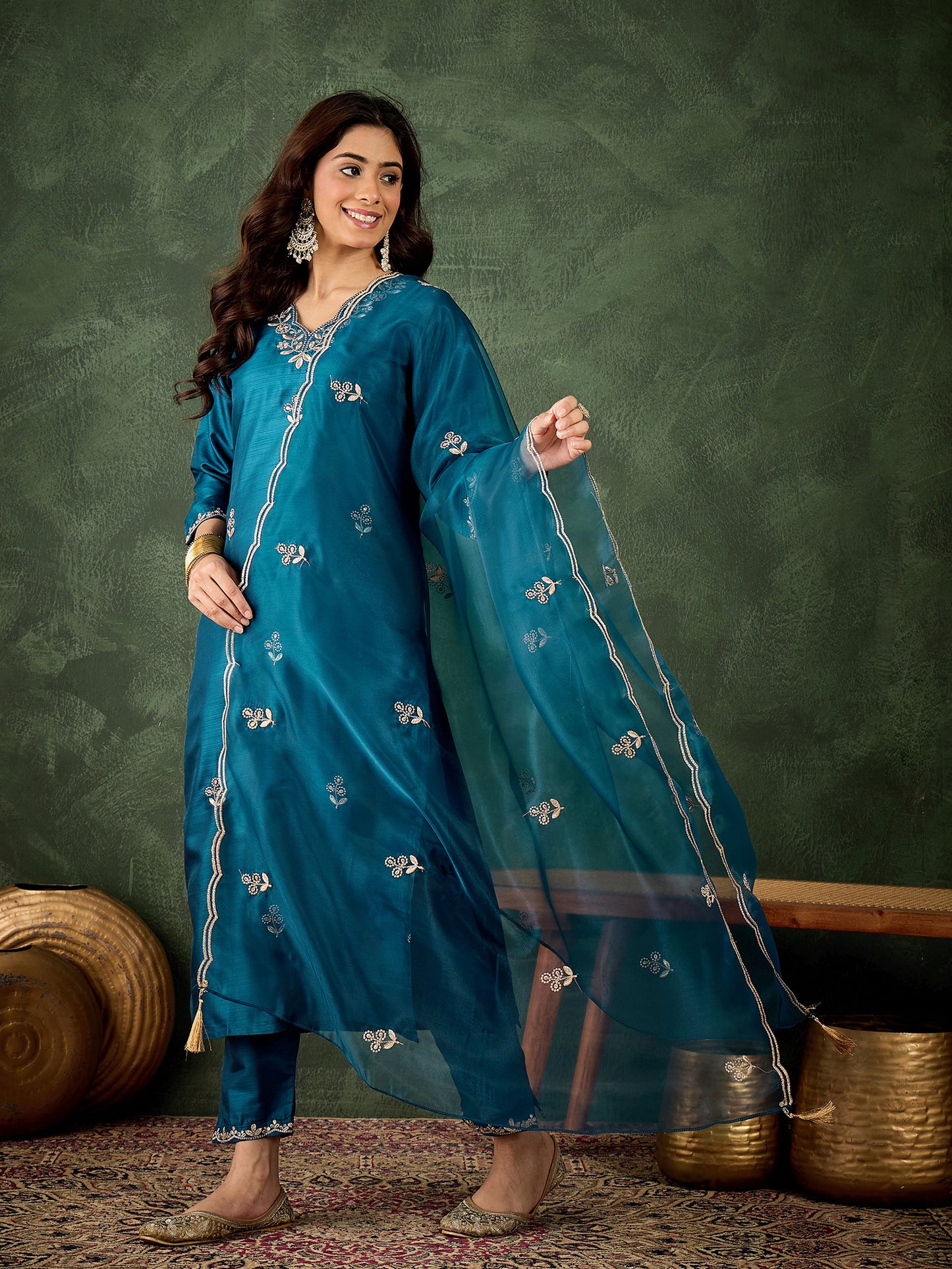 Teal Temptation Silk Blend Suit | Designer Embroidered Organza Dupatta Masterpiece| Unstitched Fabric