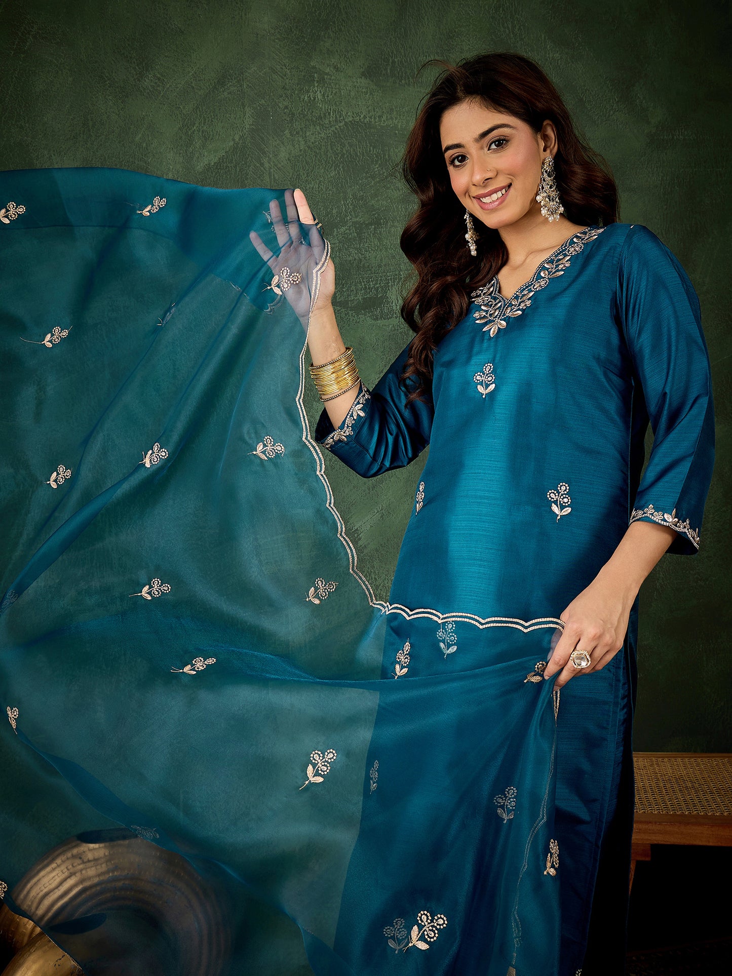 Teal Temptation Silk Blend Suit | Designer Embroidered Organza Dupatta Masterpiece| Unstitched Fabric