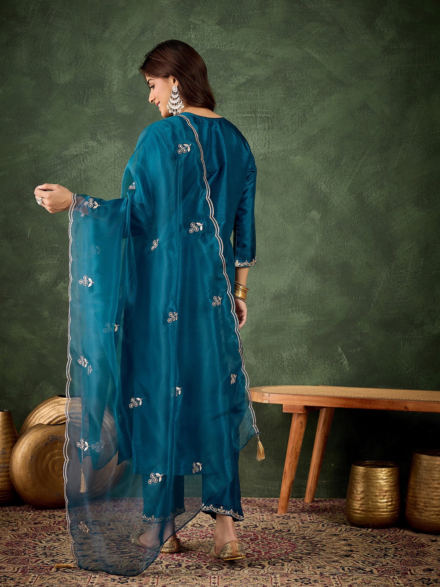 Teal Temptation Silk Blend Suit | Designer Embroidered Organza Dupatta Masterpiece| Unstitched Fabric