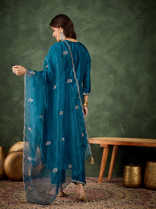 Teal Temptation Silk Blend Suit | Designer Embroidered Organza Dupatta Masterpiece| Unstitched Fabric