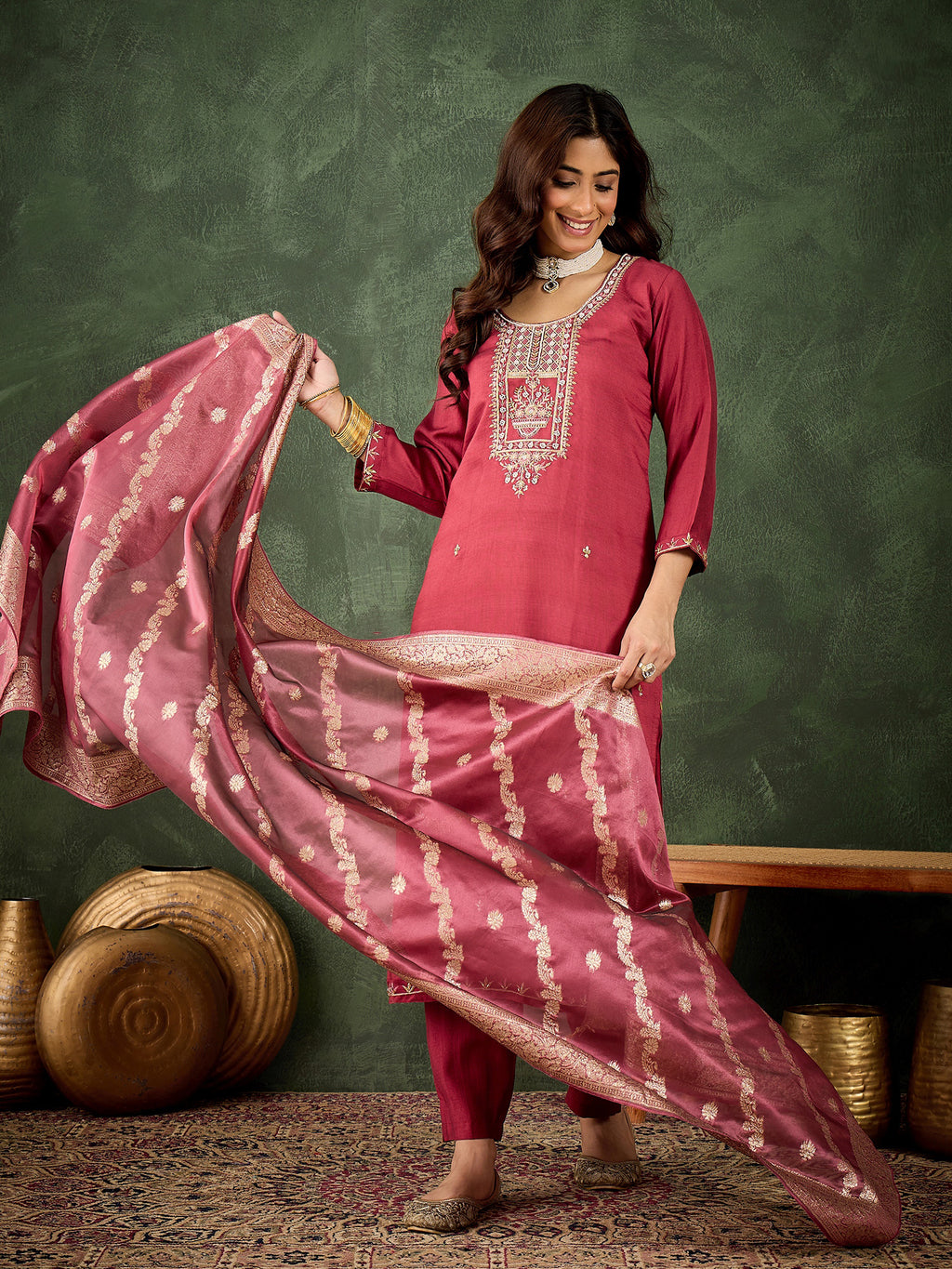 Maroon Majesty Viscose Rayon Suit | Designer Embroidered Organza Dupatta Ensemble
