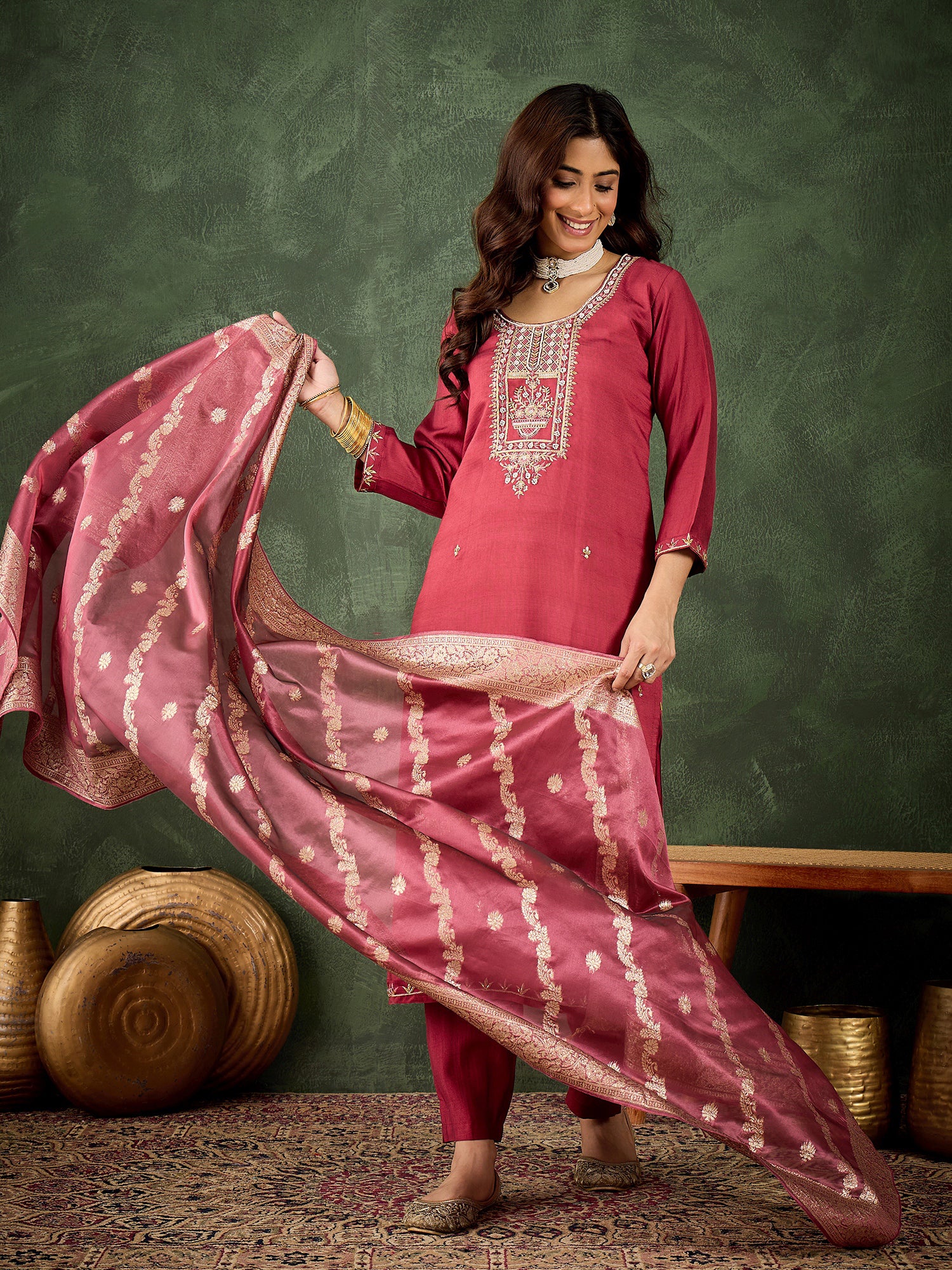 Maroon Majesty Viscose Rayon Suit | Designer Embroidered Organza Dupatta Ensemble