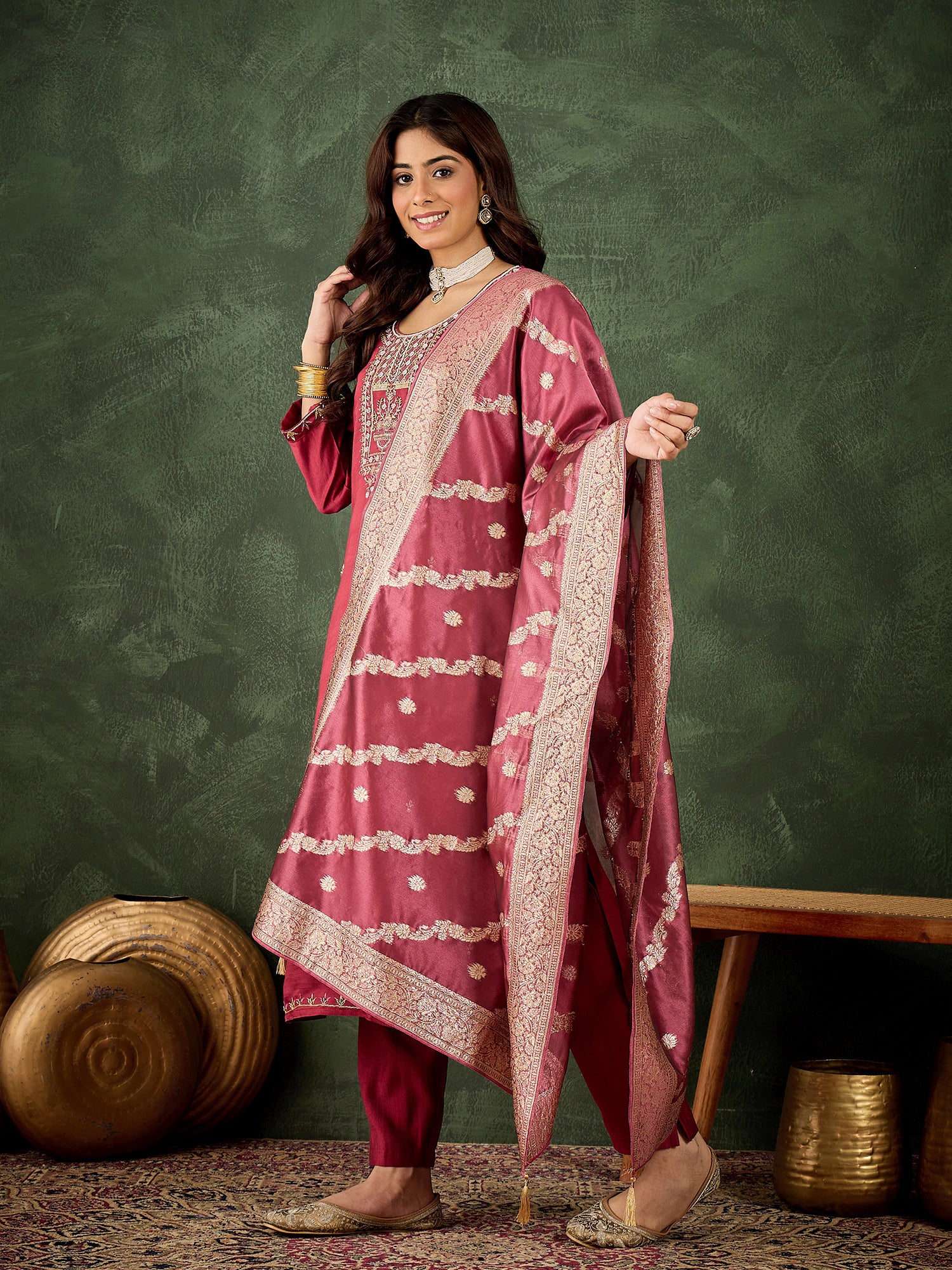 Maroon Majesty Viscose Rayon Suit | Designer Embroidered Organza Dupatta Ensemble