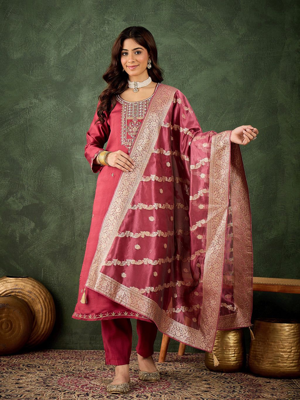 Maroon Majesty Viscose Rayon Suit | Designer Embroidered Organza Dupatta Ensemble