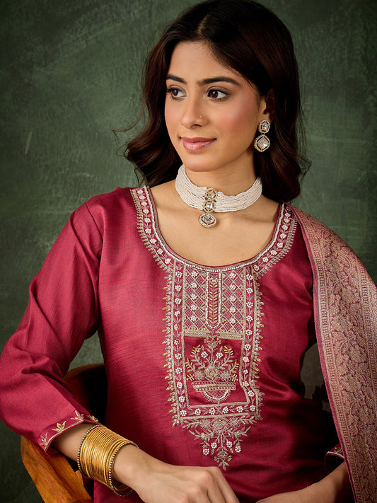 Maroon Majesty Viscose Rayon Suit | Designer Embroidered Organza Dupatta Ensemble| Unstitched Fabric