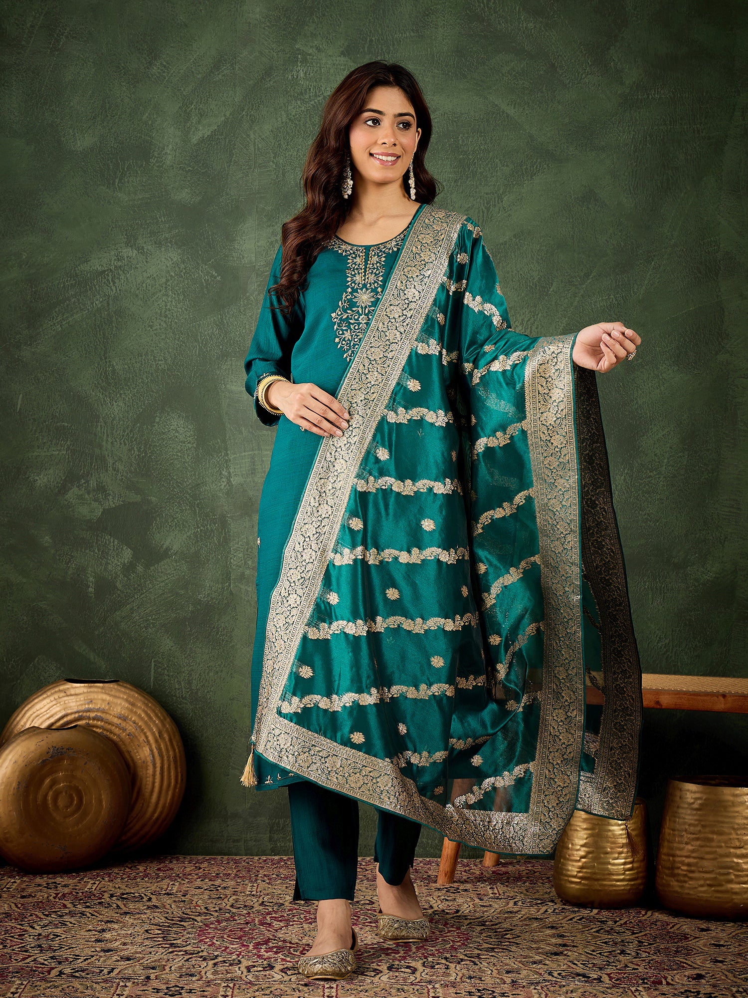 Rama Radiance Viscose Rayon Suit | Designer Embroidered Organza Dupatta Creation