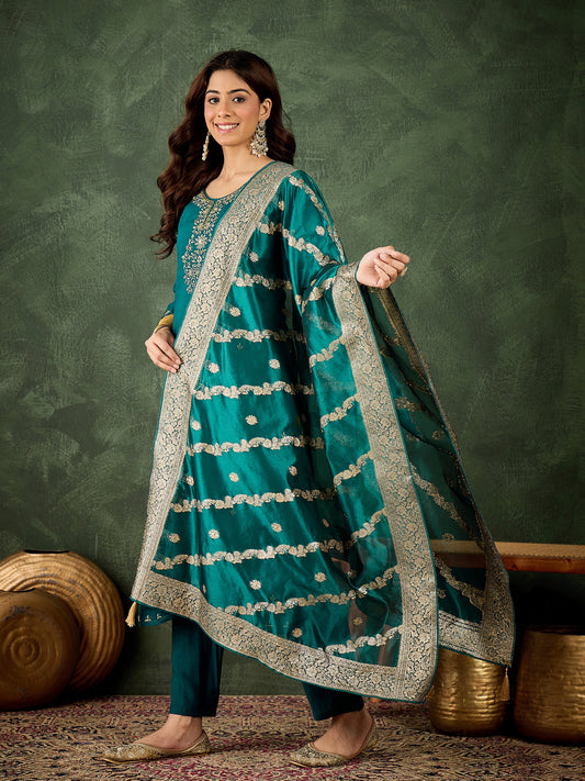Rama Radiance Viscose Rayon Suit | Designer Embroidered Organza Dupatta Creation| Unstitched Fabric