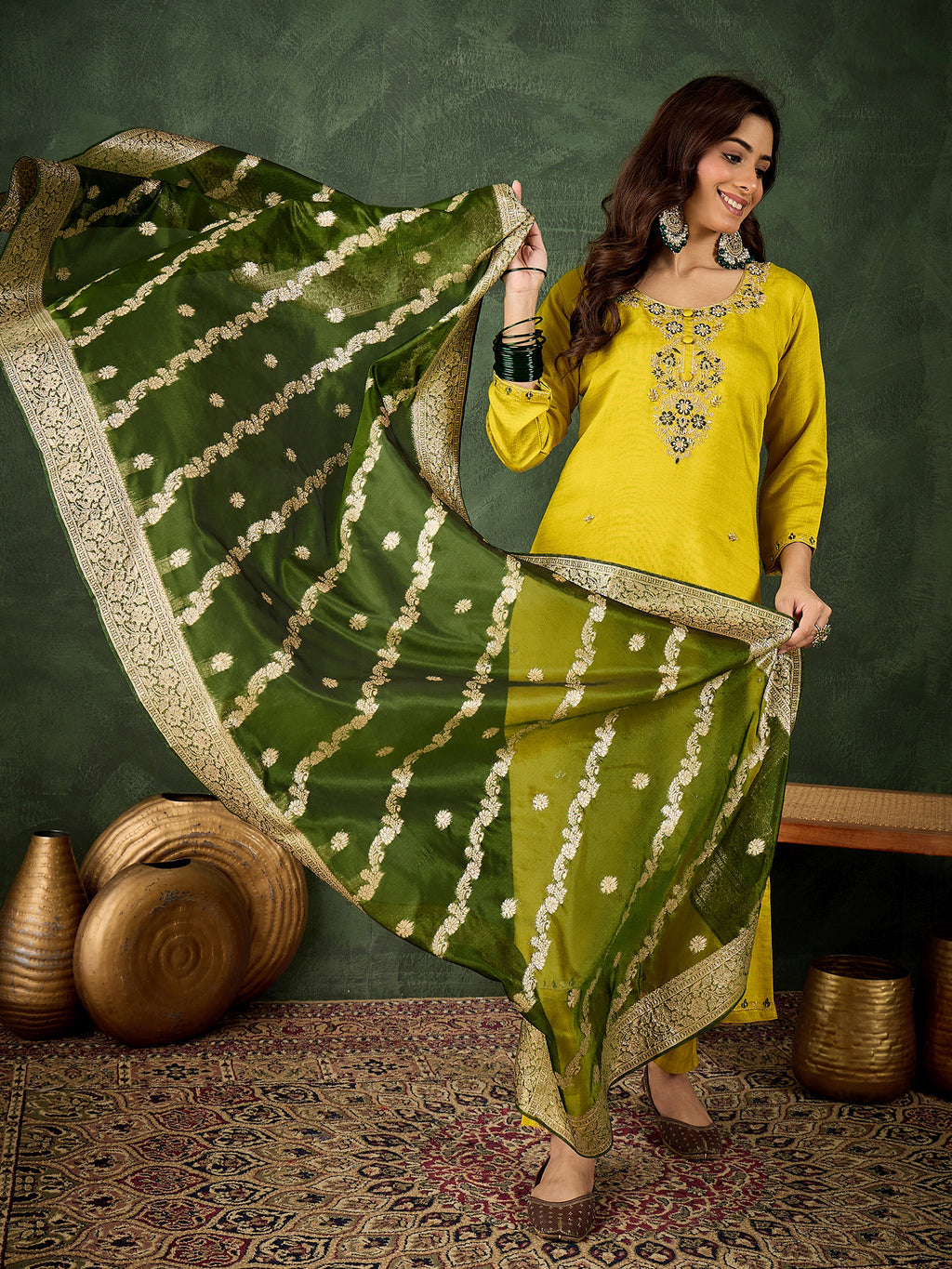 Lemon-Mahendi Fusion Viscose Rayon Suit | Designer Embroidered Organza Dupatta Ensemble