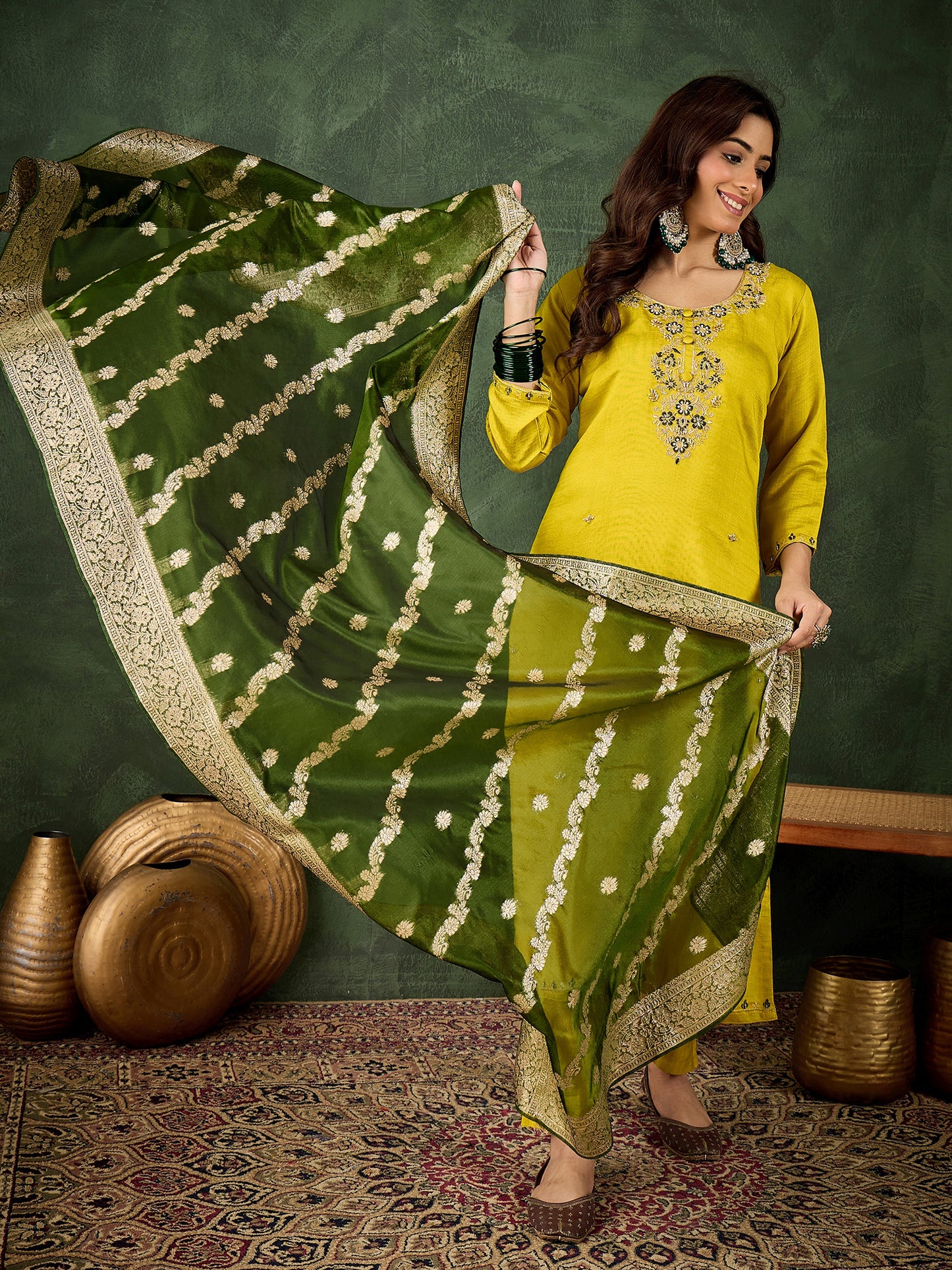 Lemon-Mahendi Fusion Viscose Rayon Suit | Designer Embroidered Organza Dupatta Ensemble| Unstitched Fabric