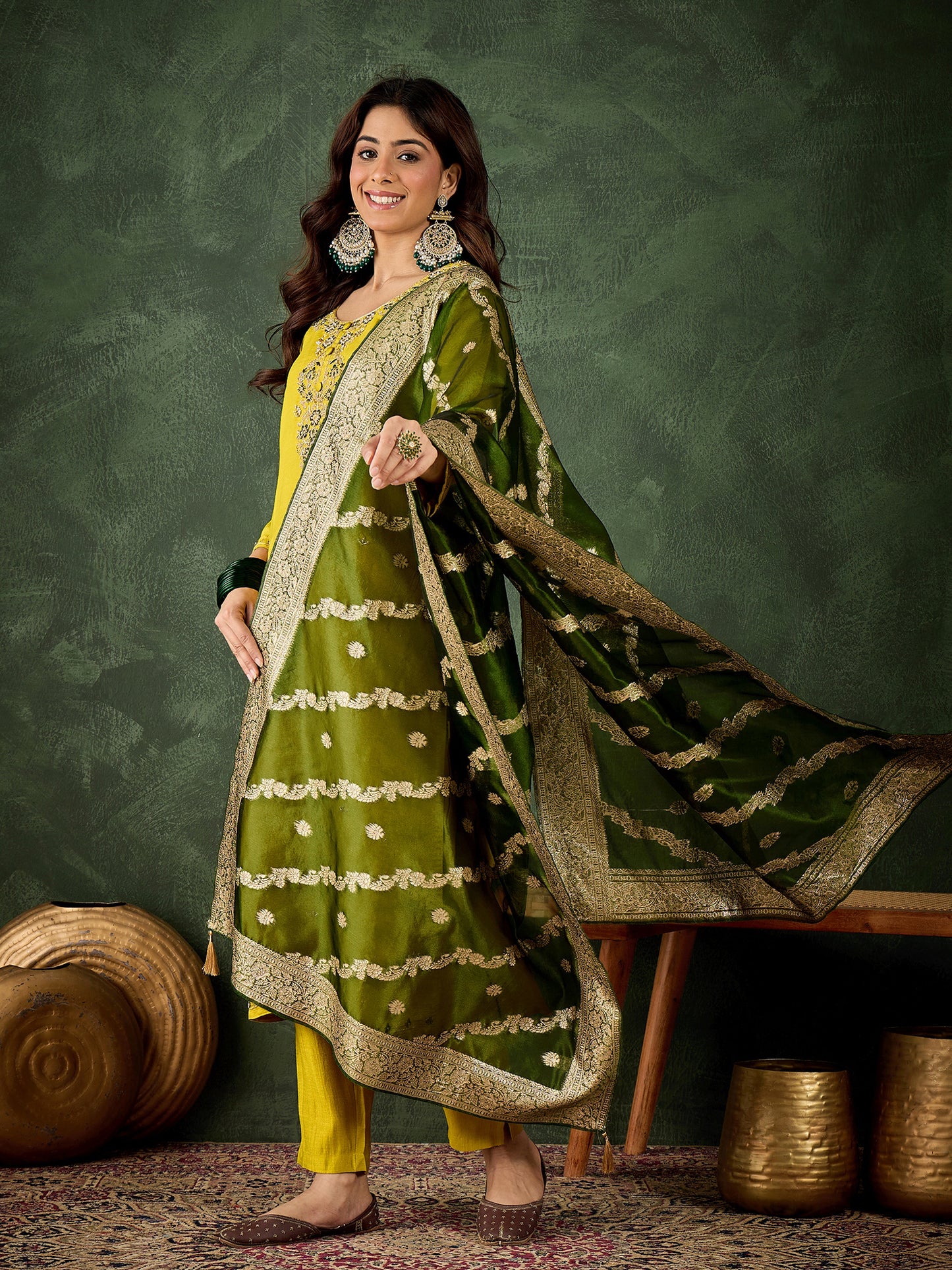 Lemon-Mahendi Fusion Viscose Rayon Suit | Designer Embroidered Organza Dupatta Ensemble| Unstitched Fabric