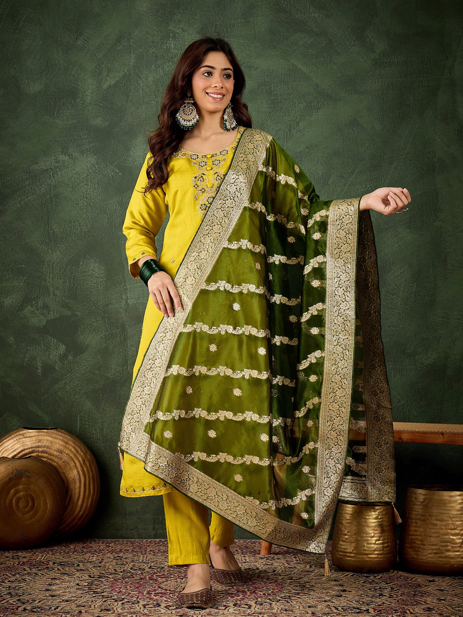 Lemon-Mahendi Fusion Viscose Rayon Suit | Designer Embroidered Organza Dupatta Ensemble