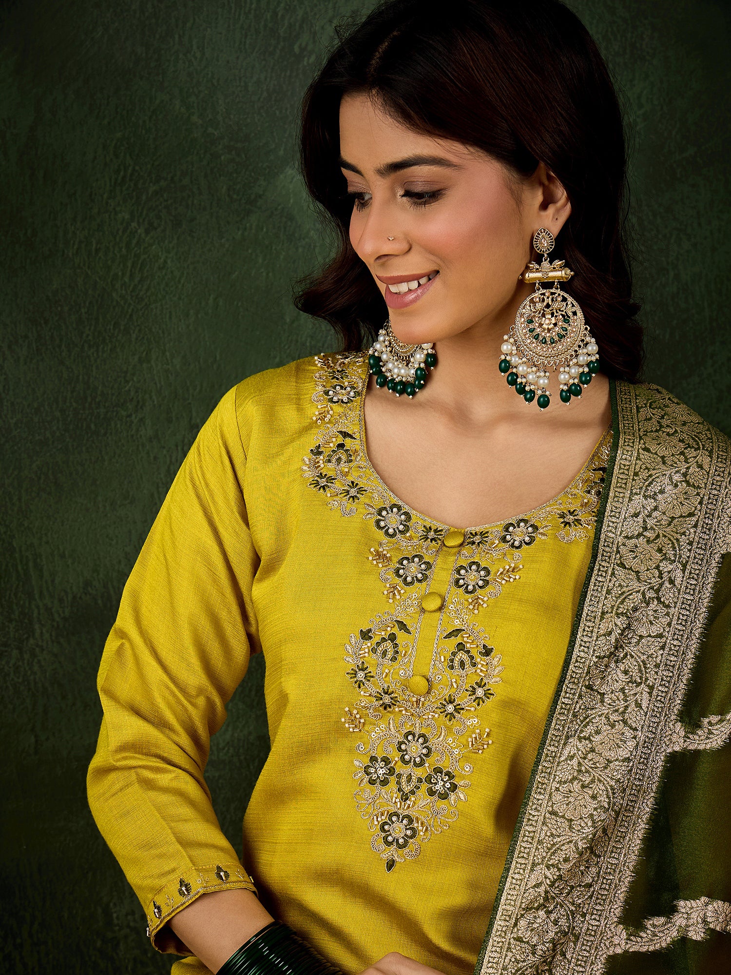 Lemon-Mahendi Fusion Viscose Rayon Suit | Designer Embroidered Organza Dupatta Ensemble