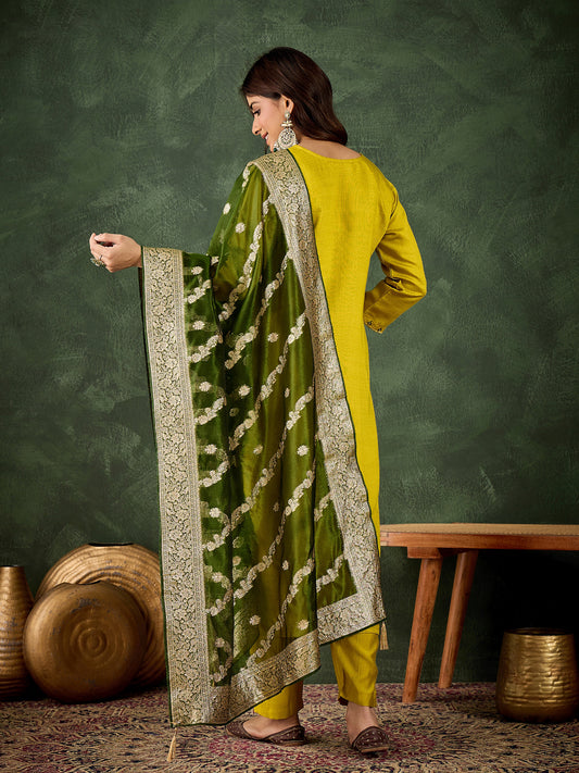 Lemon-Mahendi Fusion Viscose Rayon Suit | Designer Embroidered Organza Dupatta Ensemble| Unstitched Fabric