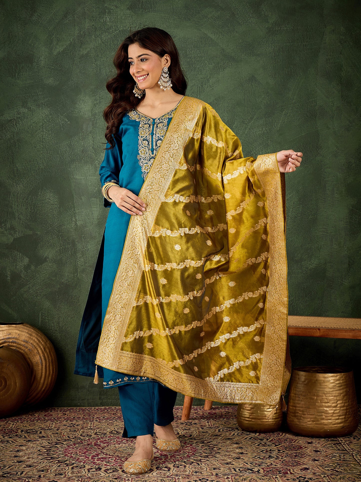 Teal-Green Harmony Viscose Rayon Suit | Designer Embroidered Organza Dupatta Masterpiece| Unstitched Fabric