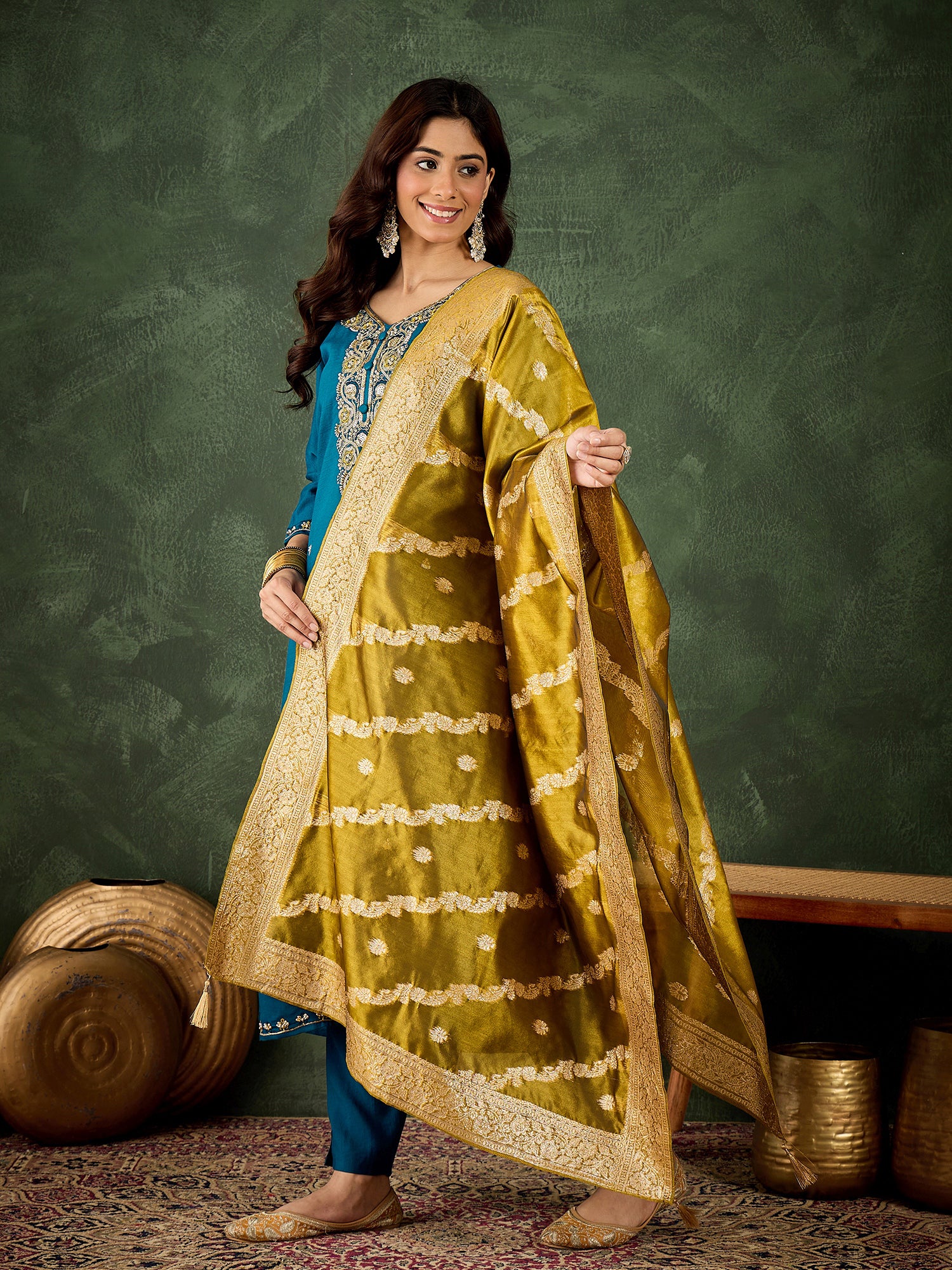 Teal-Green Harmony Viscose Rayon Suit | Designer Embroidered Organza Dupatta Masterpiece