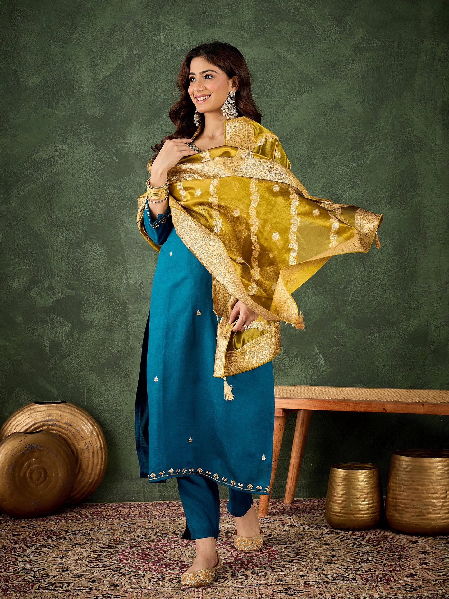 Teal-Green Harmony Viscose Rayon Suit | Designer Embroidered Organza Dupatta Masterpiece| Unstitched Fabric
