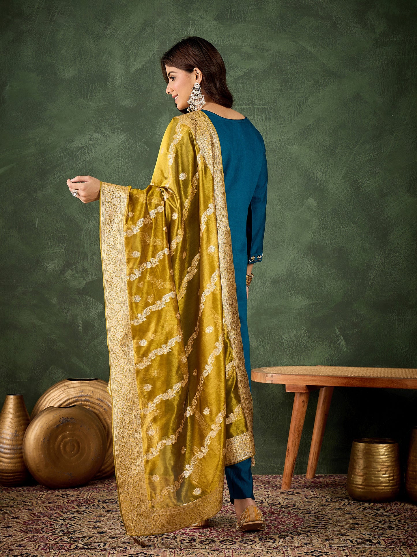 Teal-Green Harmony Viscose Rayon Suit | Designer Embroidered Organza Dupatta Masterpiece| Unstitched Fabric