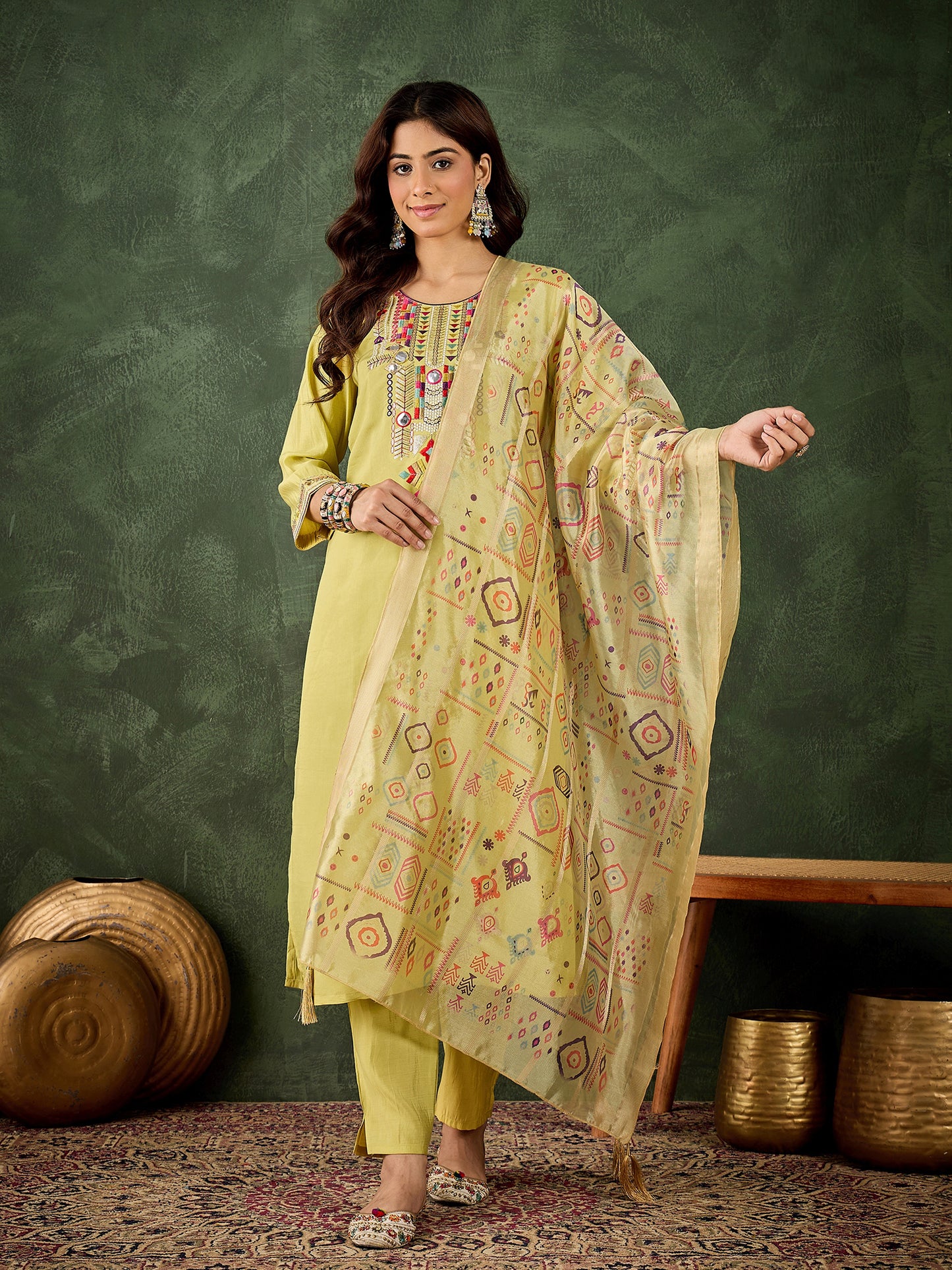Sunshine Yellow Silk Blend Suit | Designer Embroidered Digital Printed Dupatta Ensemble| Unstitched Fabric