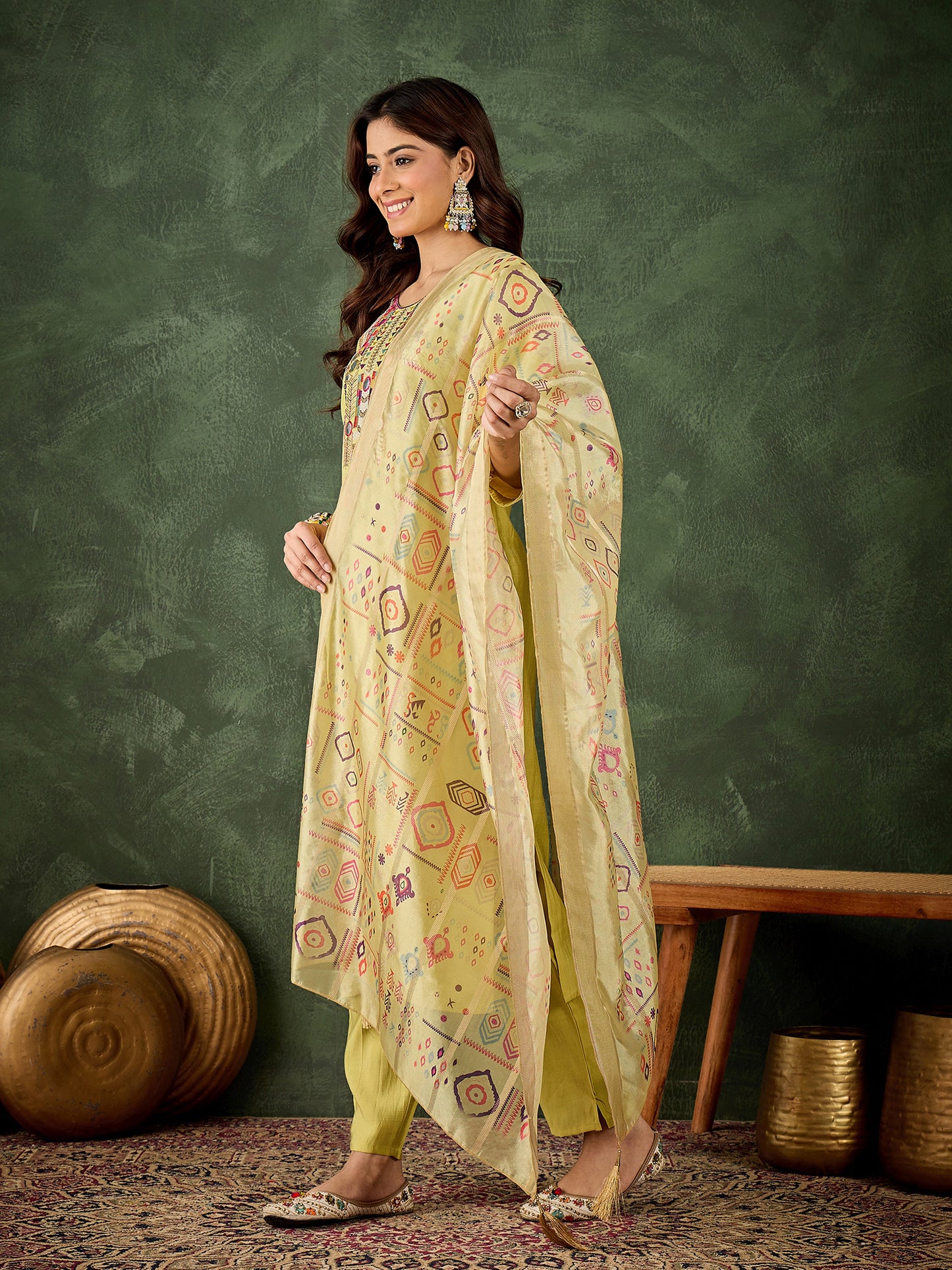 Sunshine Yellow Silk Blend Suit | Designer Embroidered Digital Printed Dupatta Ensemble| Unstitched Fabric