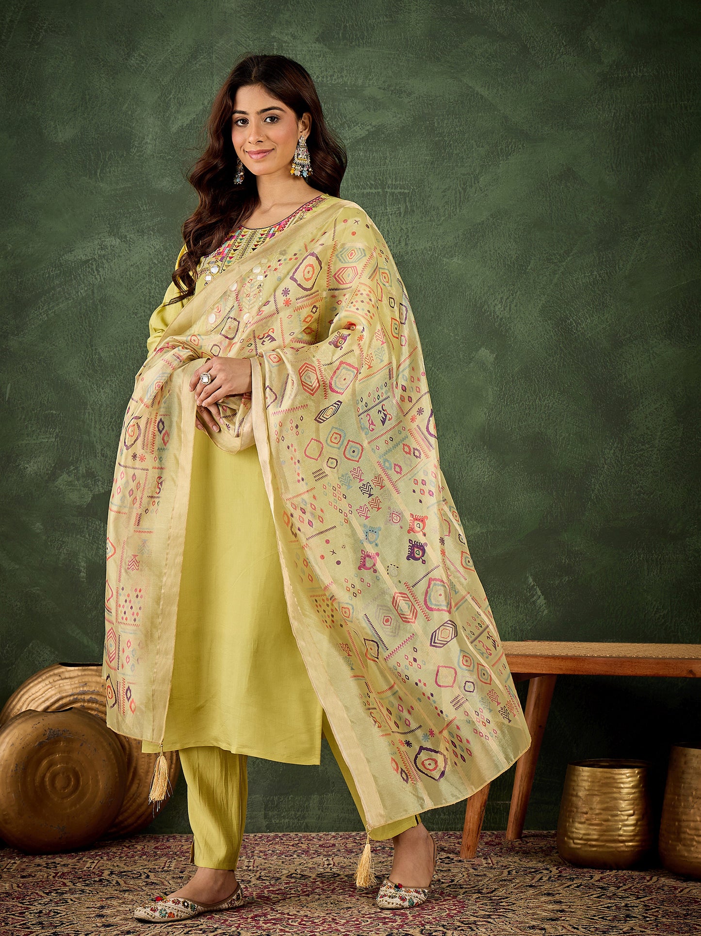 Sunshine Yellow Silk Blend Suit | Designer Embroidered Digital Printed Dupatta Ensemble| Unstitched Fabric