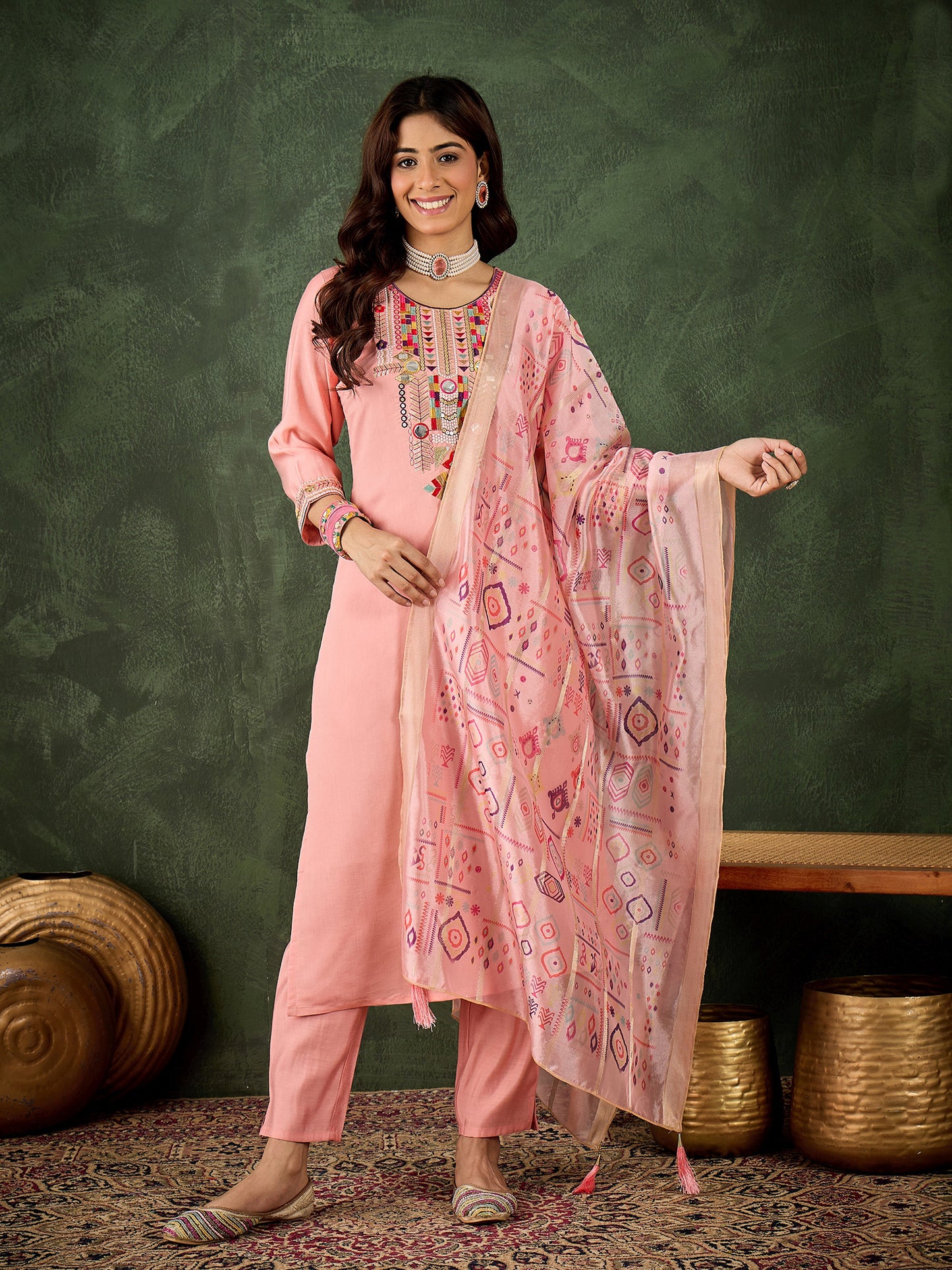 Pretty in Pink Silk Blend Suit | Designer Embroidered Digital Printed Dupatta Creation| Unstitched Fabric