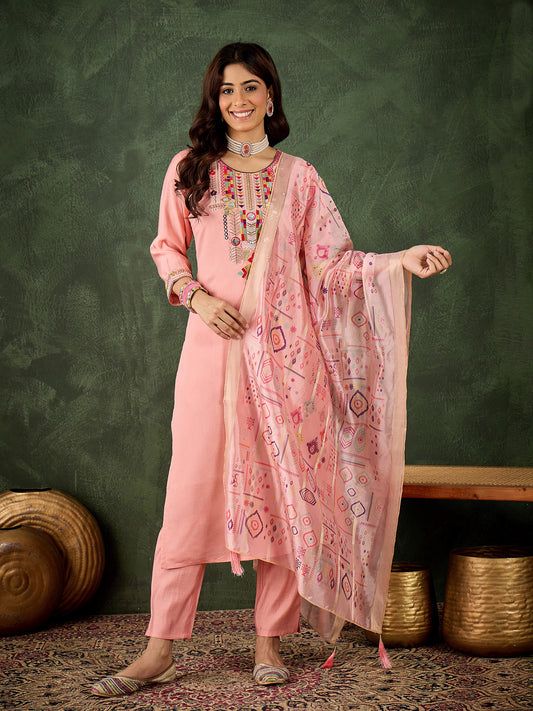 Pretty in Pink Silk Blend Suit | Designer Embroidered Digital Printed Dupatta Creation| Unstitched Fabric