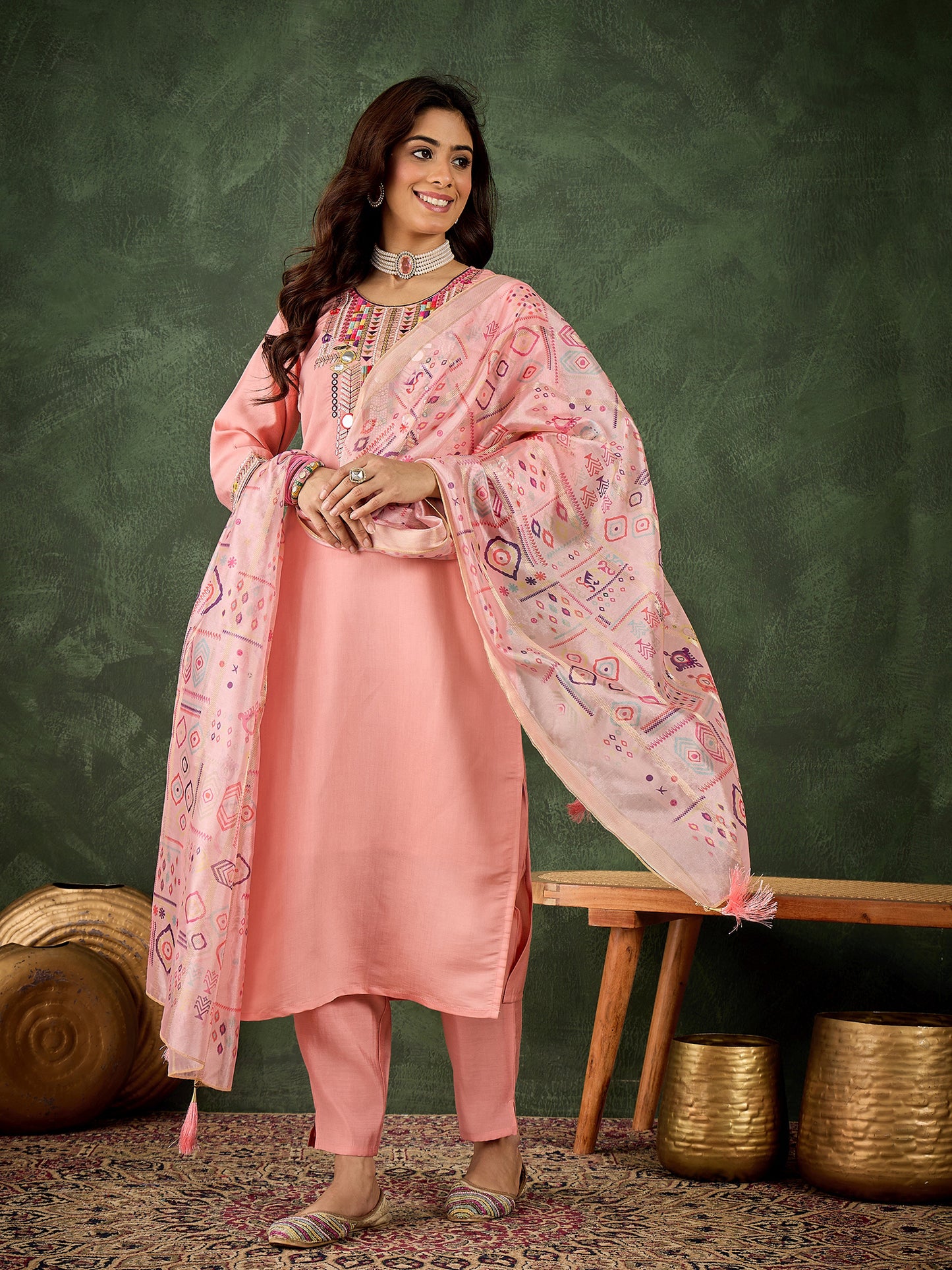 Pretty in Pink Silk Blend Suit | Designer Embroidered Digital Printed Dupatta Creation| Unstitched Fabric