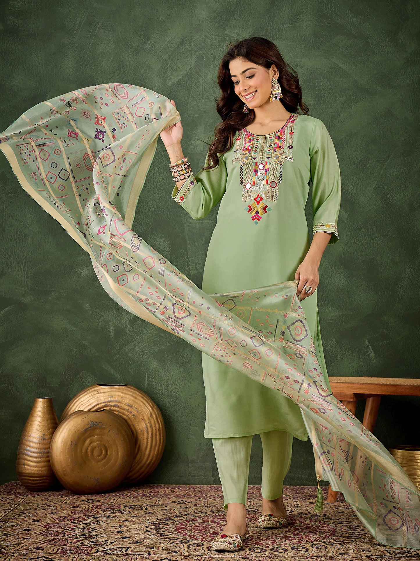 Pista Perfection Silk Blend Suit | Designer Embroidered Digital Printed Dupatta Ensemble| Unstitched Fabric