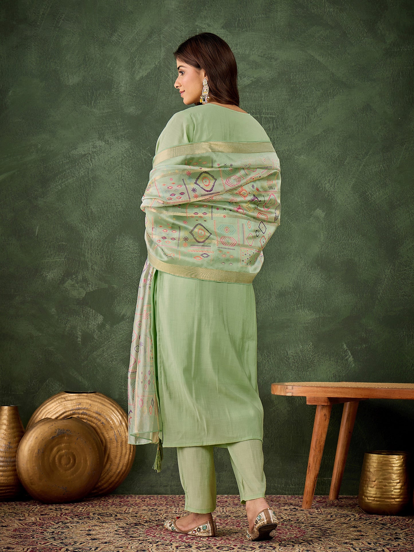 Pista Perfection Silk Blend Suit | Designer Embroidered Digital Printed Dupatta Ensemble| Unstitched Fabric