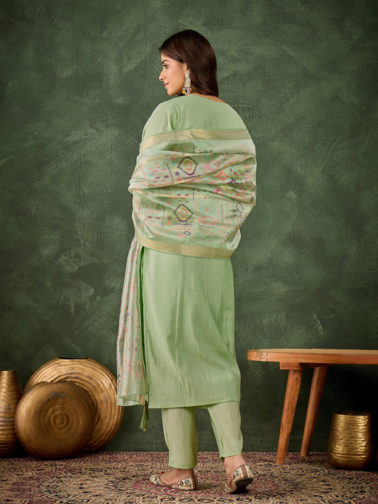 Pista Perfection Silk Blend Suit | Designer Embroidered Digital Printed Dupatta Ensemble| Unstitched Fabric