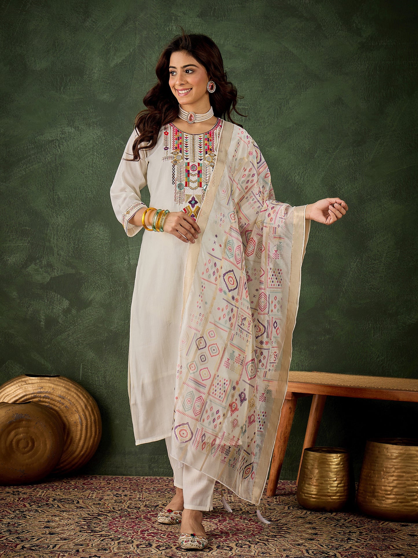 Off White Opulence Silk Blend Suit | Designer Embroidered Digital Printed Dupatta Creation| Unstitched Fabric