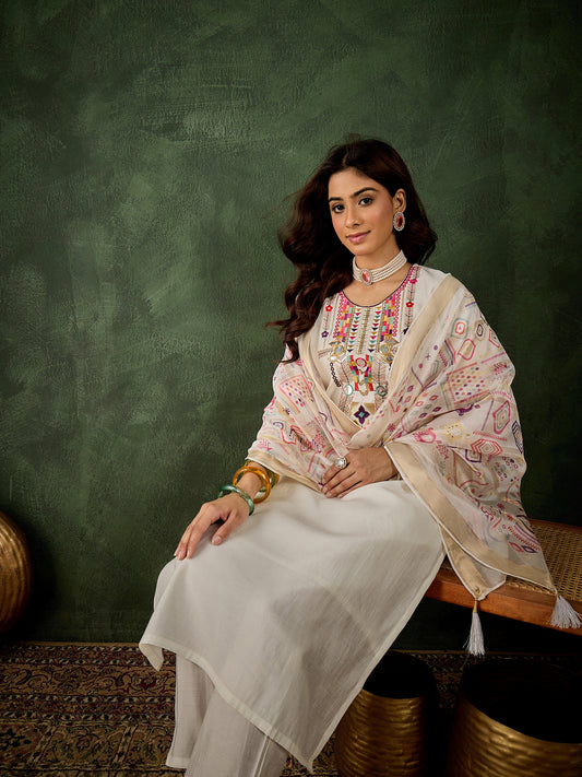 Off White Opulence Silk Blend Suit | Designer Embroidered Digital Printed Dupatta Creation| Unstitched Fabric