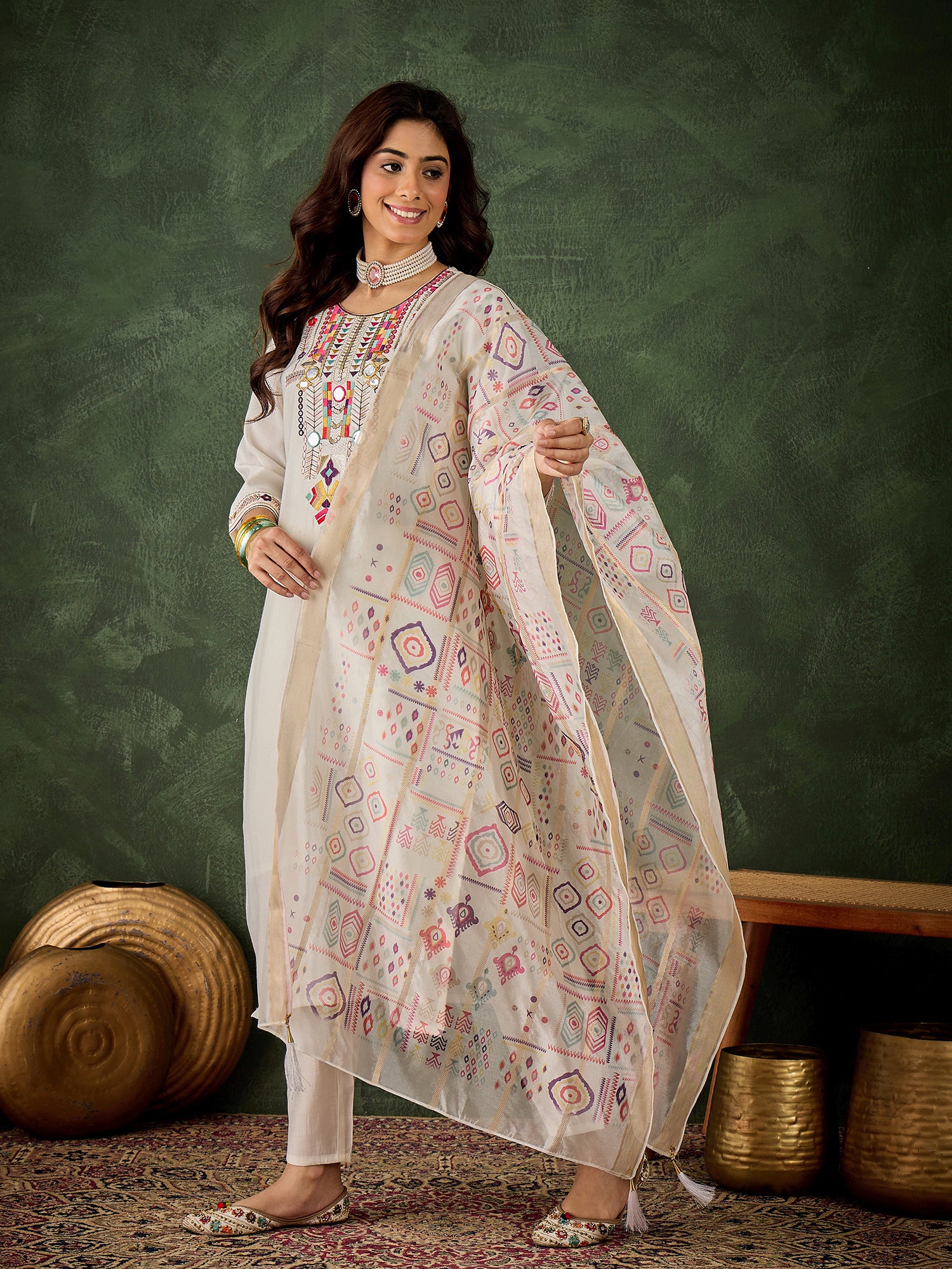 Off White Opulence Silk Blend Suit | Designer Embroidered Digital Printed Dupatta Creation