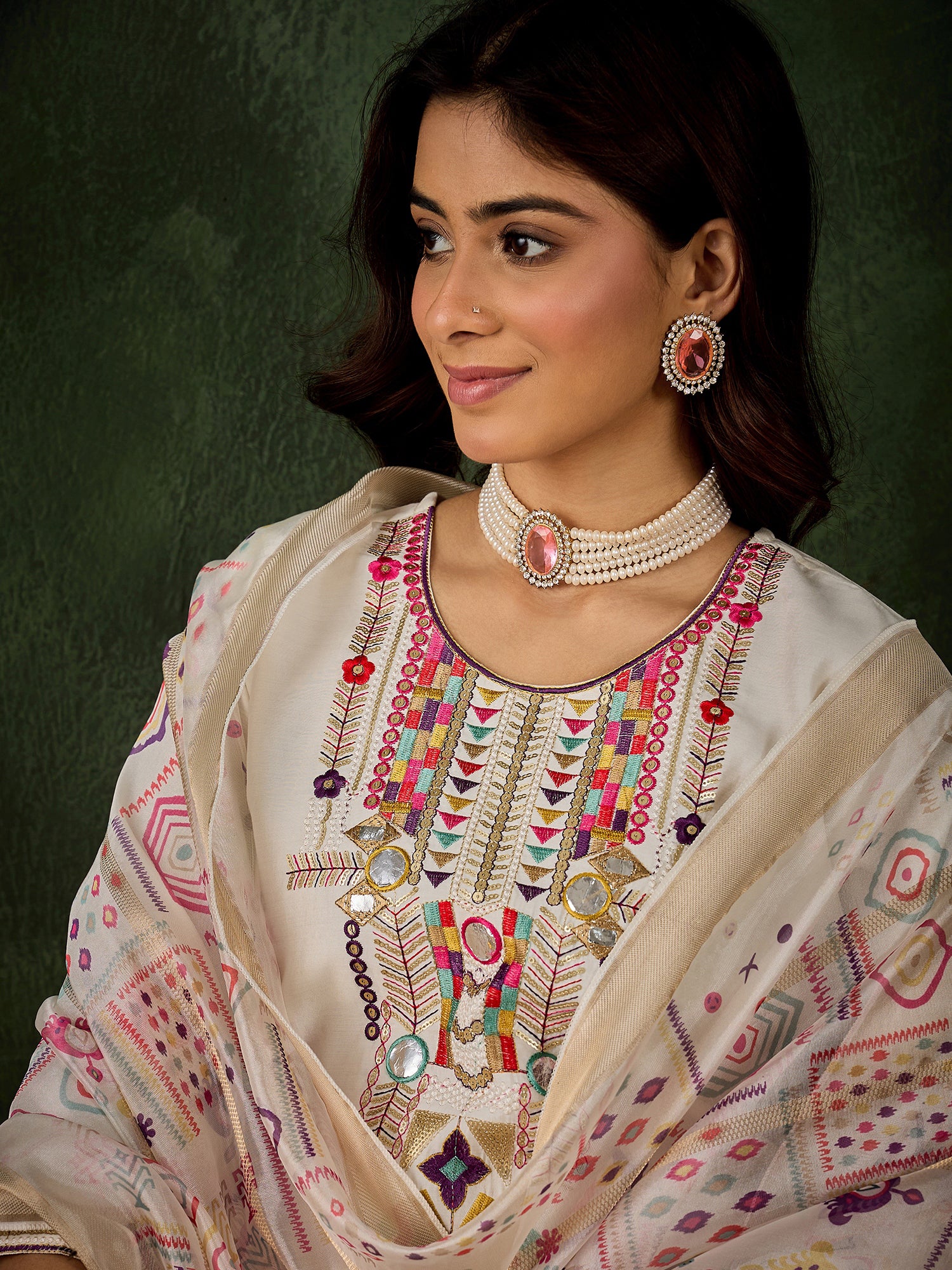 Off White Opulence Silk Blend Suit | Designer Embroidered Digital Printed Dupatta Creation