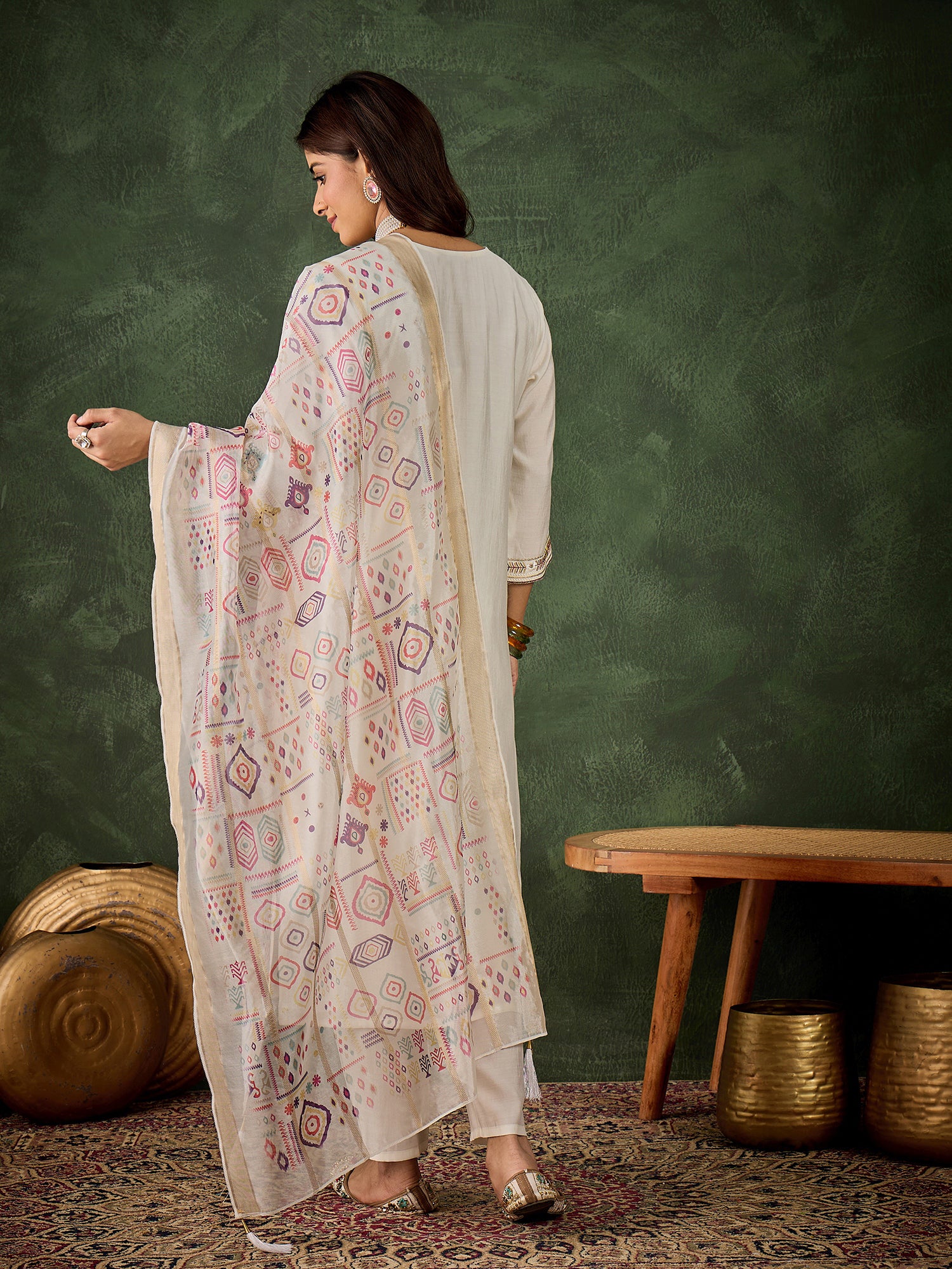 Off White Opulence Silk Blend Suit | Designer Embroidered Digital Printed Dupatta Creation