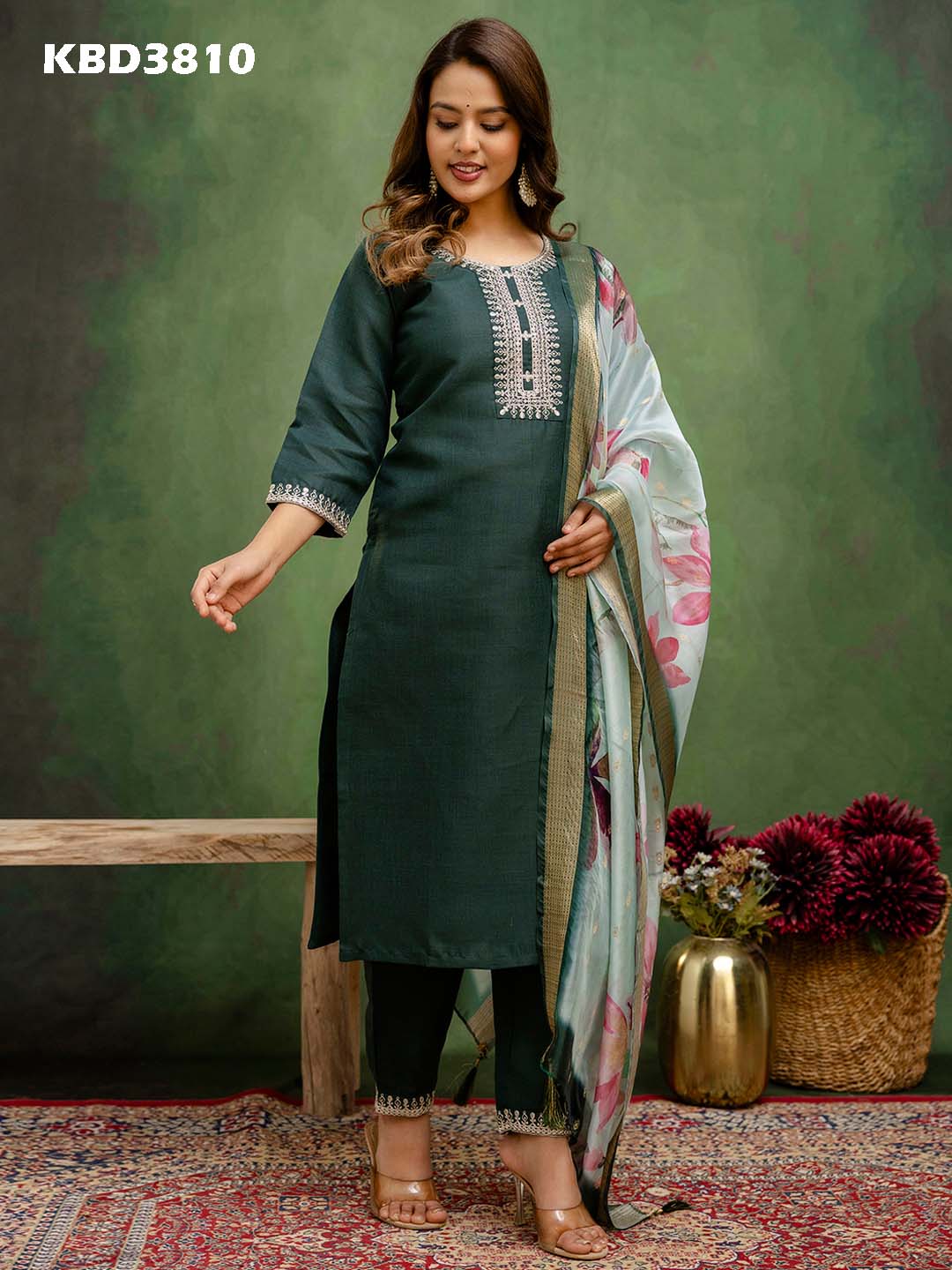 Emerald Green Cotton Blend Suit | Designer Embroidery with Organza Dupatta