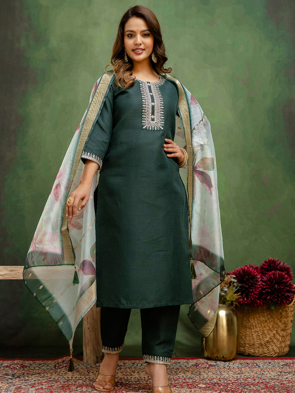 Emerald Green Cotton Blend Suit | Designer Embroidery with Organza Dupatta