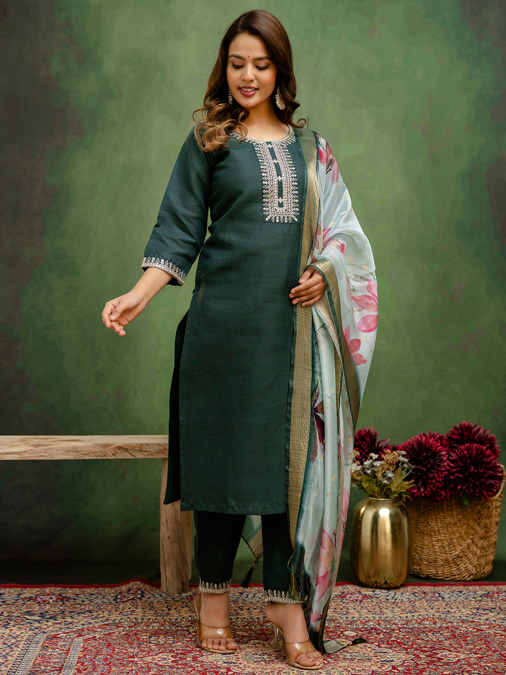 Emerald Green Cotton Blend Suit | Designer Embroidery with Organza Dupatta
