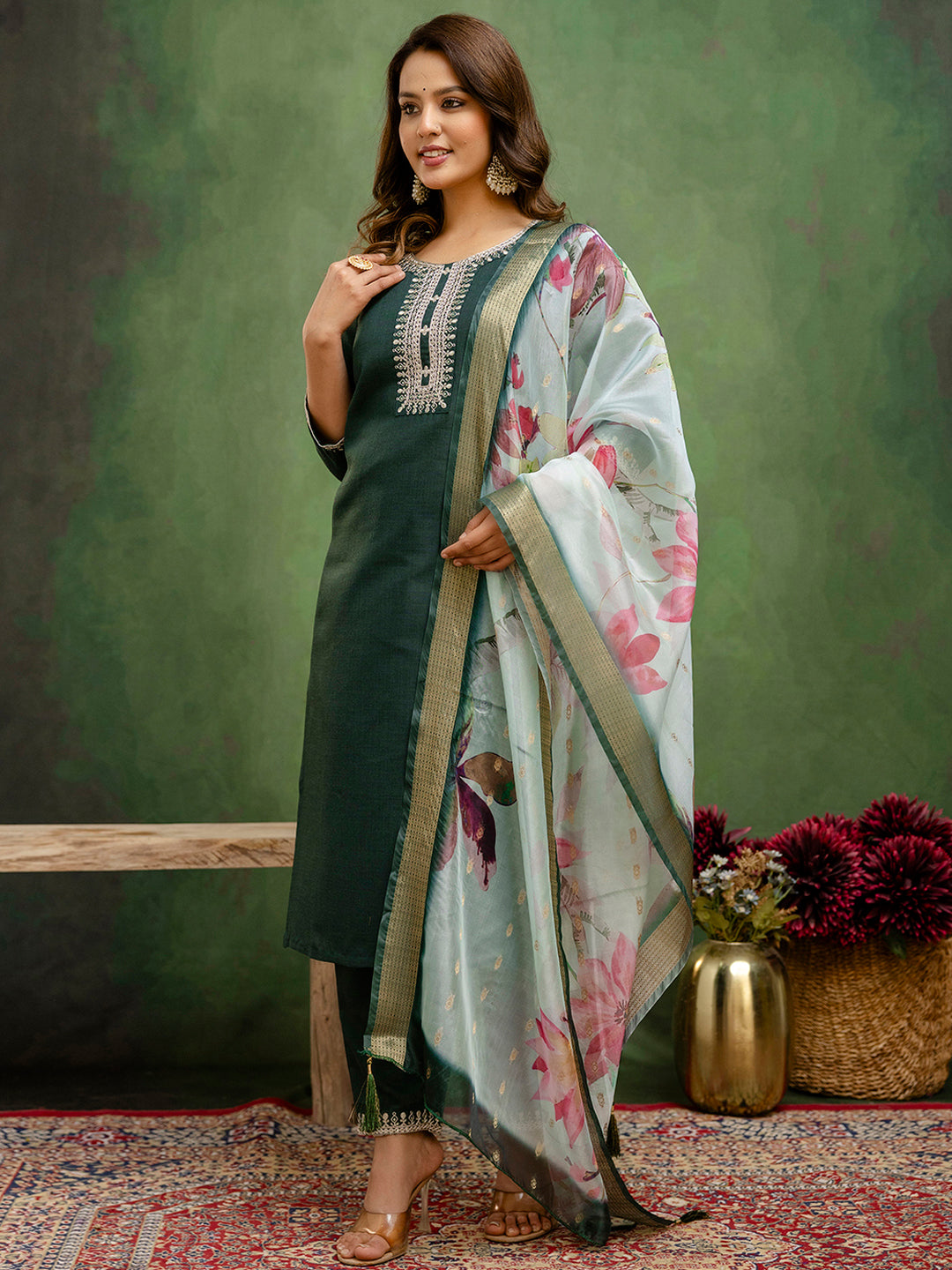 Emerald Green Cotton Blend Suit | Designer Embroidery with Organza Dupatta