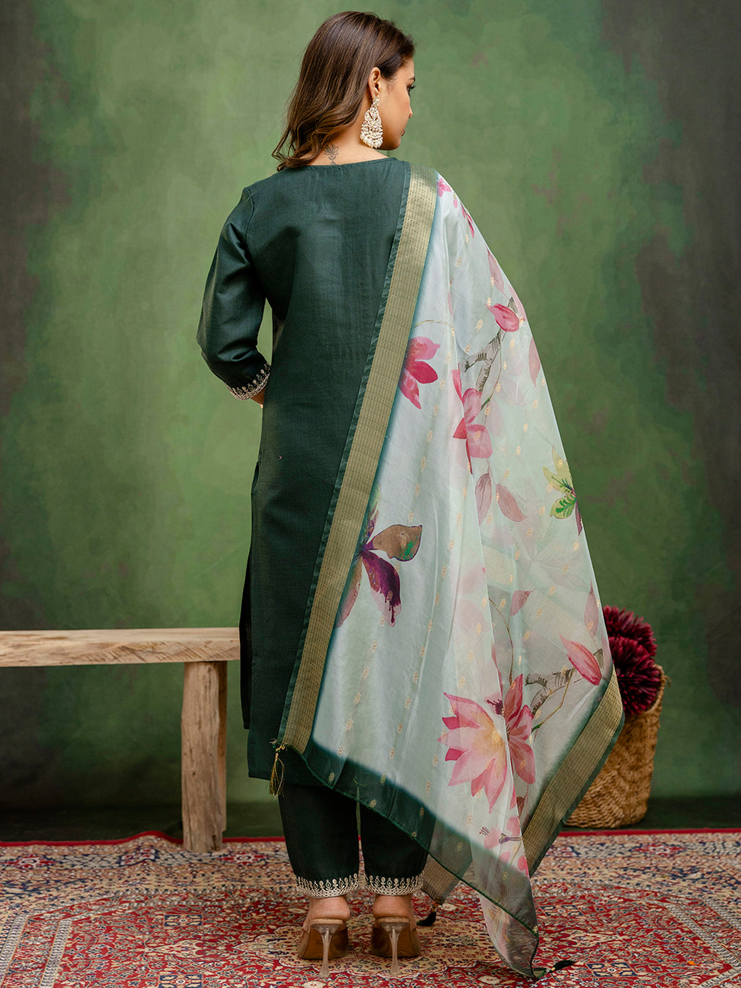 Emerald Green Cotton Blend Suit | Designer Embroidery with Organza Dupatta