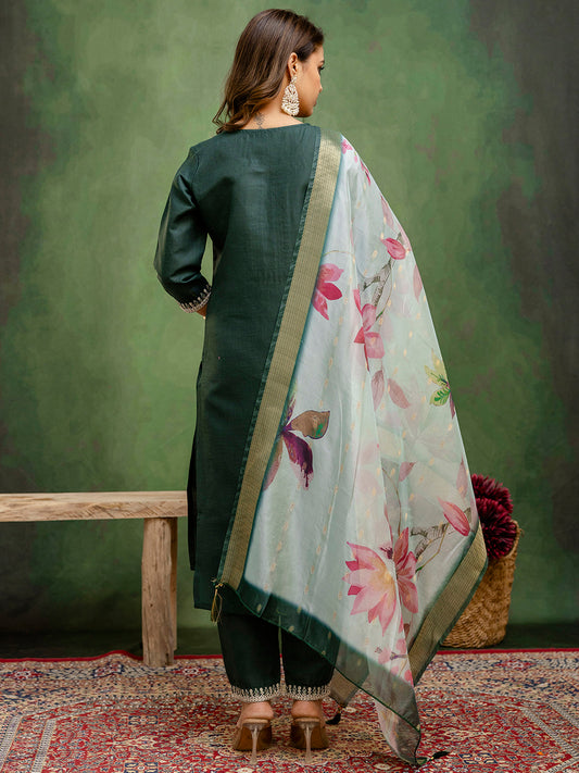 Emerald Green Cotton Blend Suit | Designer Embroidery with Organza Dupatta| Unstitched Fabric