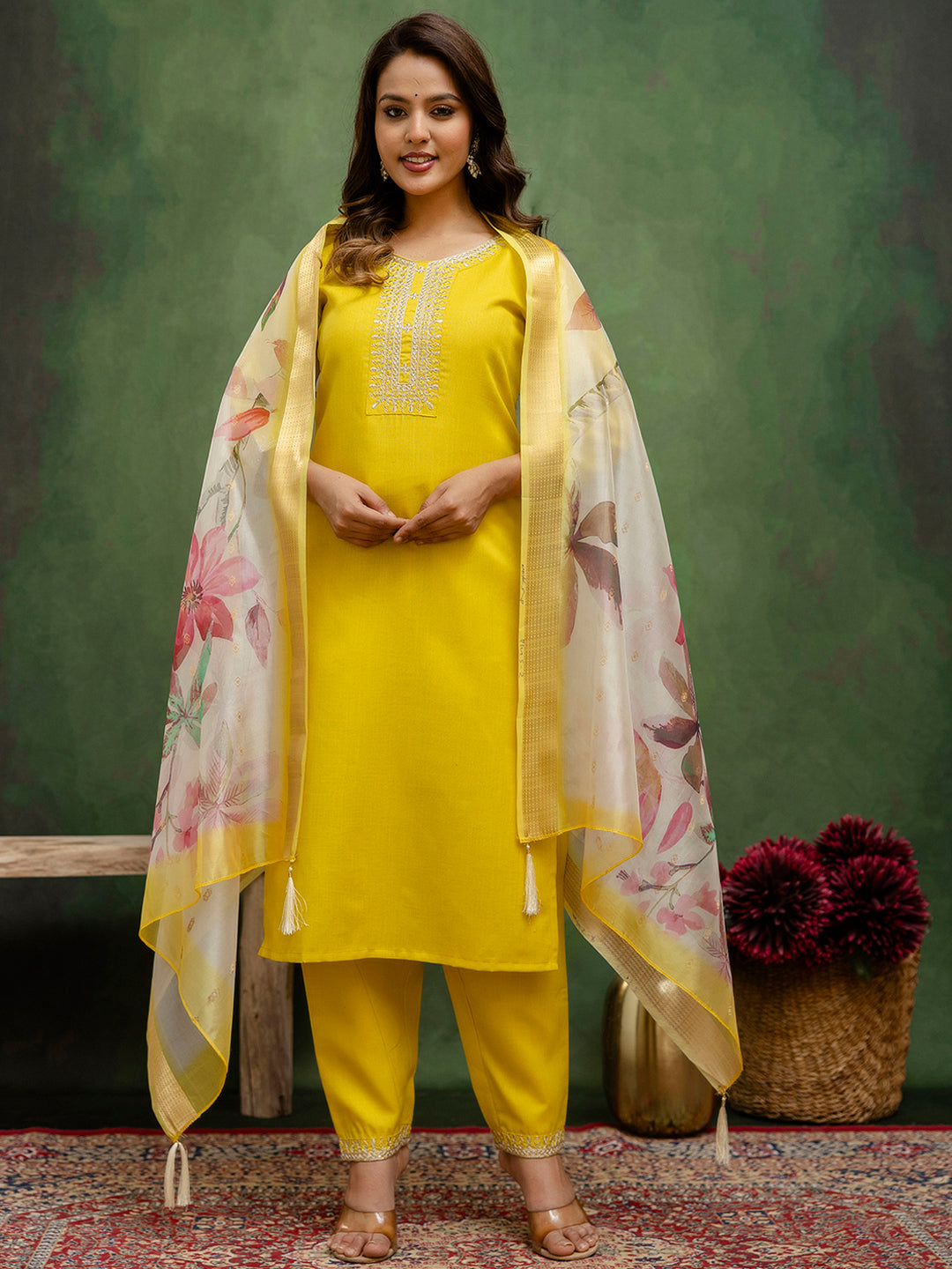 Lemon Cotton Blend Suit | Designer Embroidery with Organza Dupatta