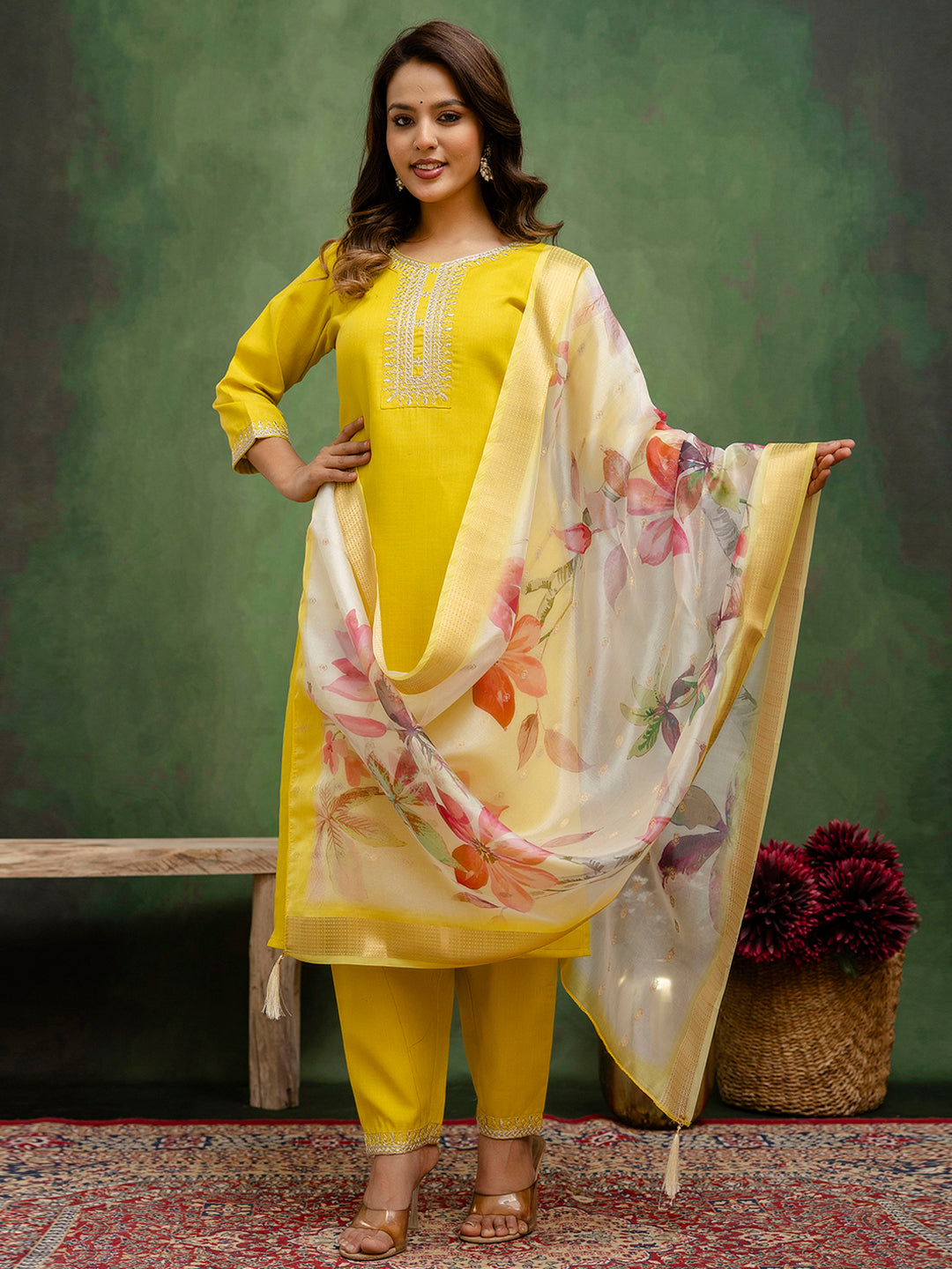 Lemon Cotton Blend Suit | Designer Embroidery with Organza Dupatta