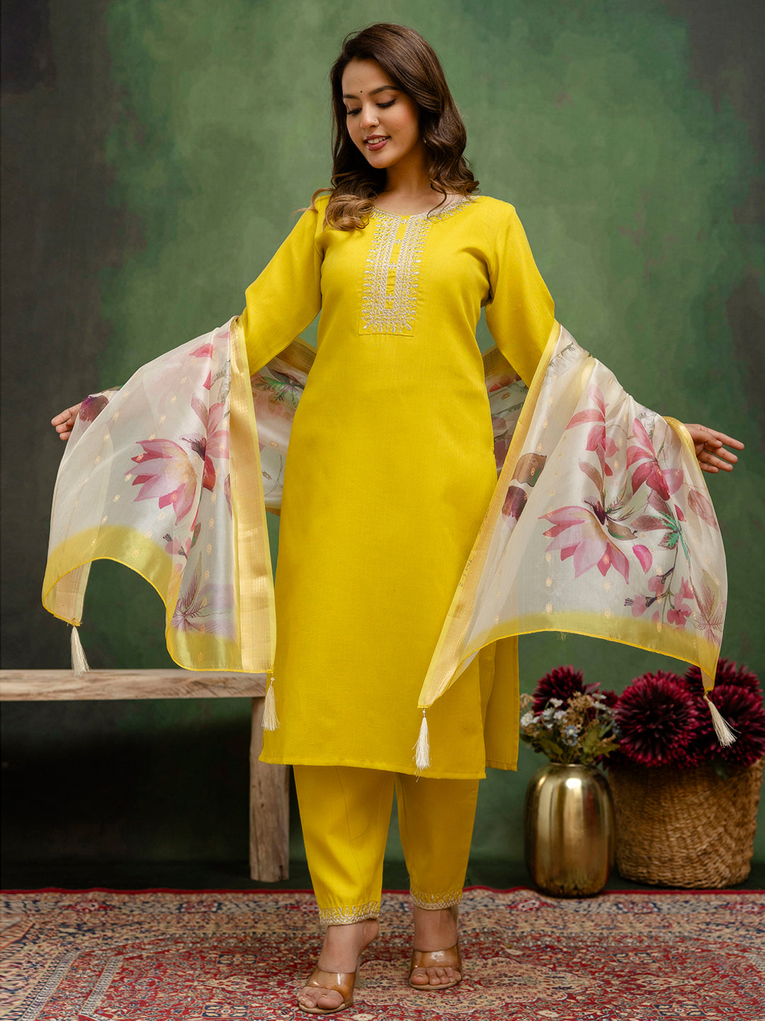Lemon Cotton Blend Suit | Designer Embroidery with Organza Dupatta