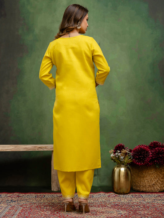 Lemon Cotton Blend Suit | Designer Embroidery with Organza Dupatta| Unstitched Fabric