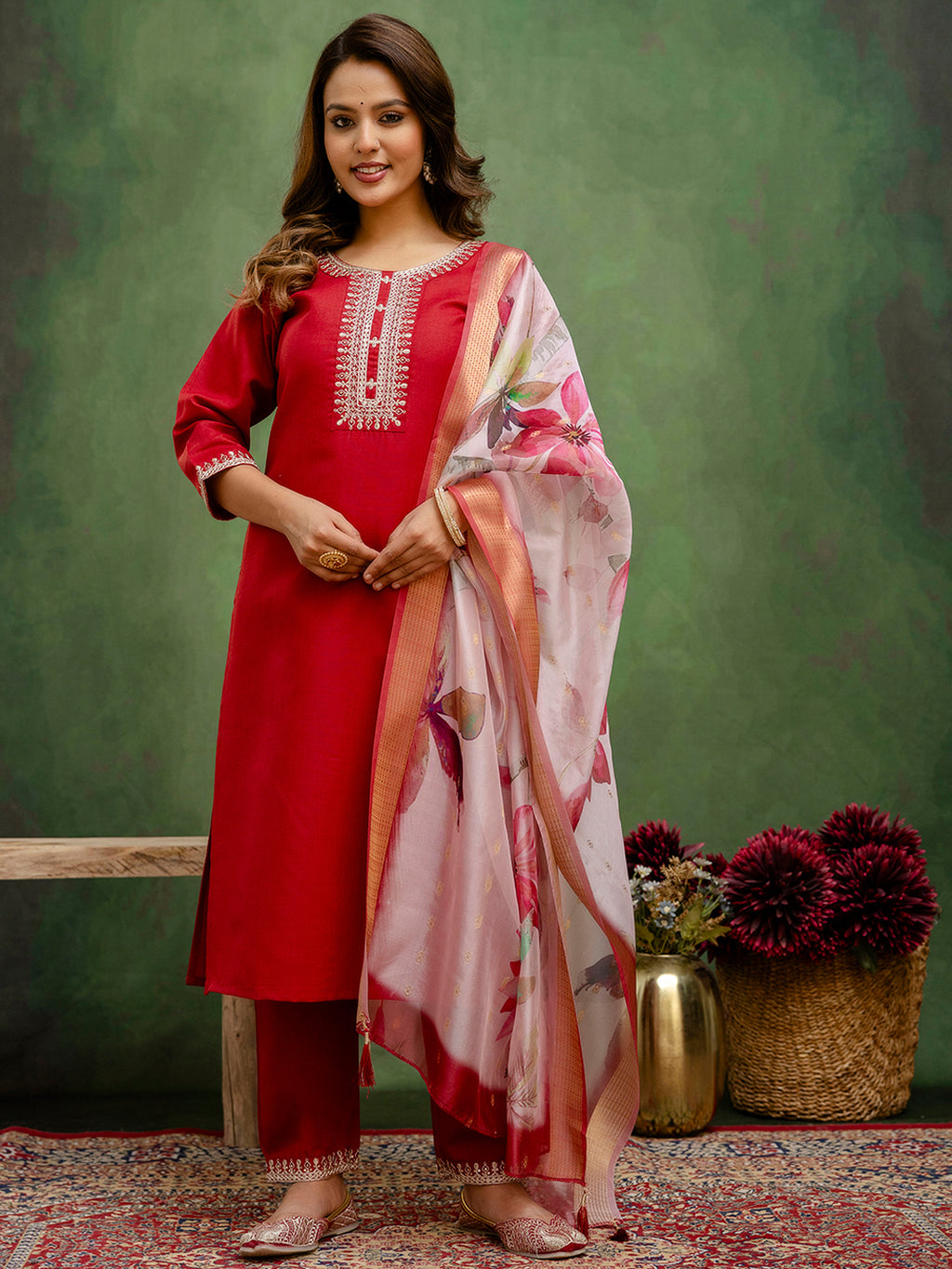 Regal Maroon Cotton Blend Suit | Designer Embroidery with Organza Dupatta