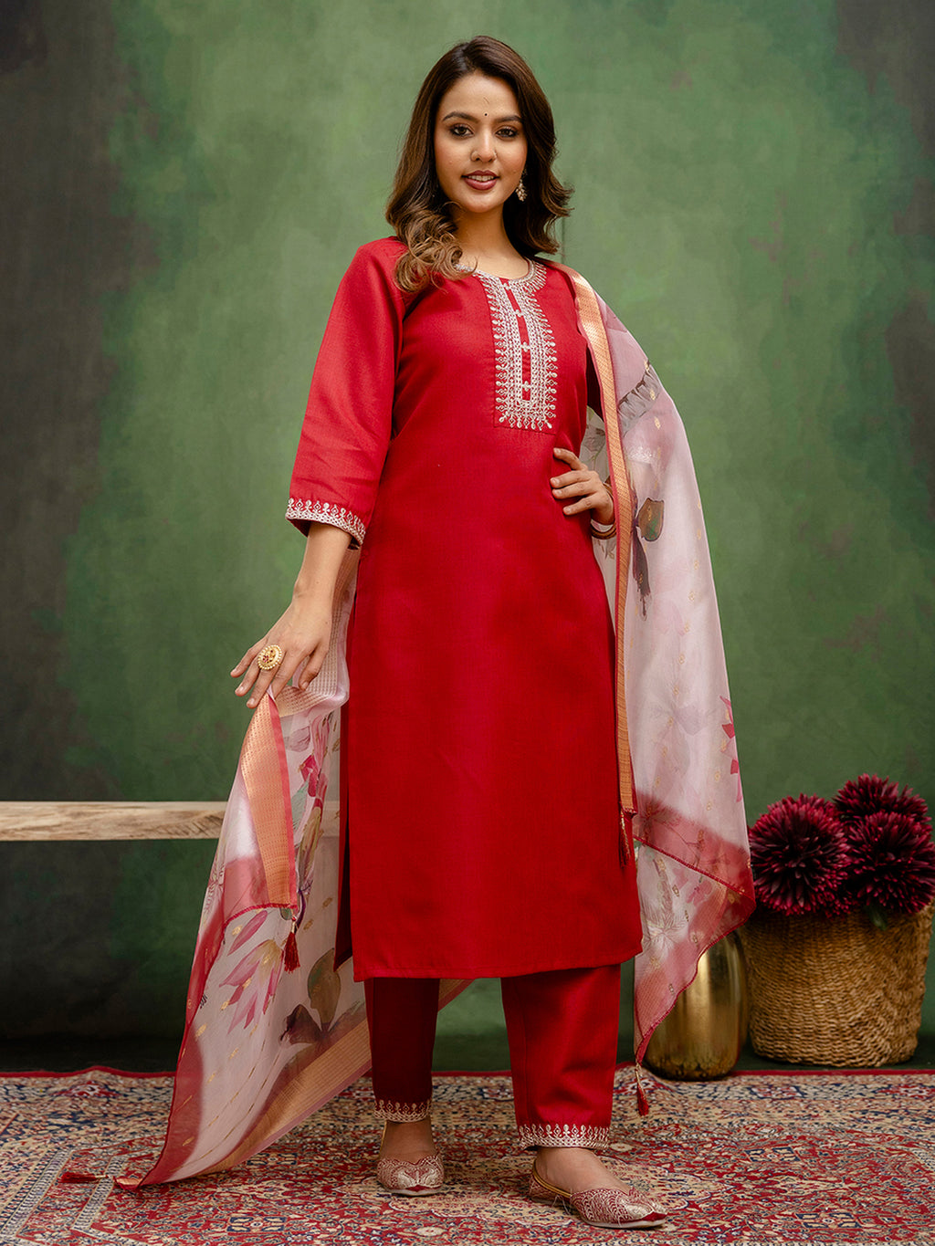 Regal Maroon Cotton Blend Suit | Designer Embroidery with Organza Dupatta